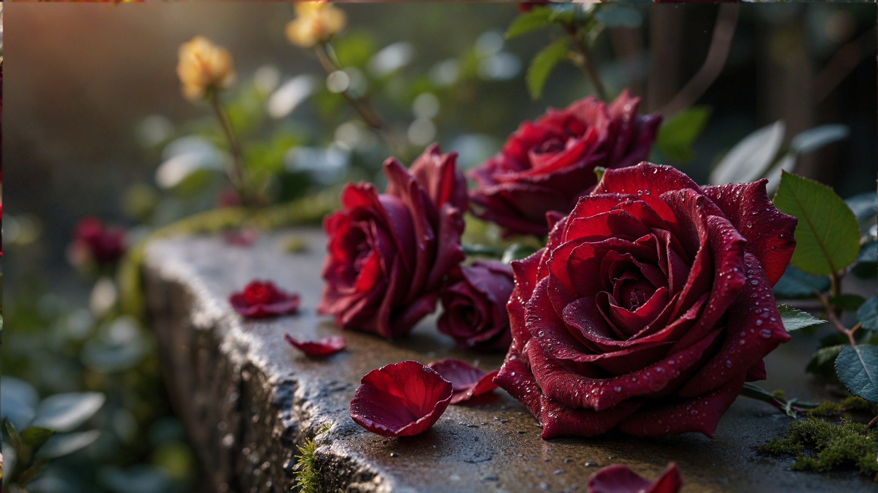Deep Red Roses with Water Drops on Stone Surface