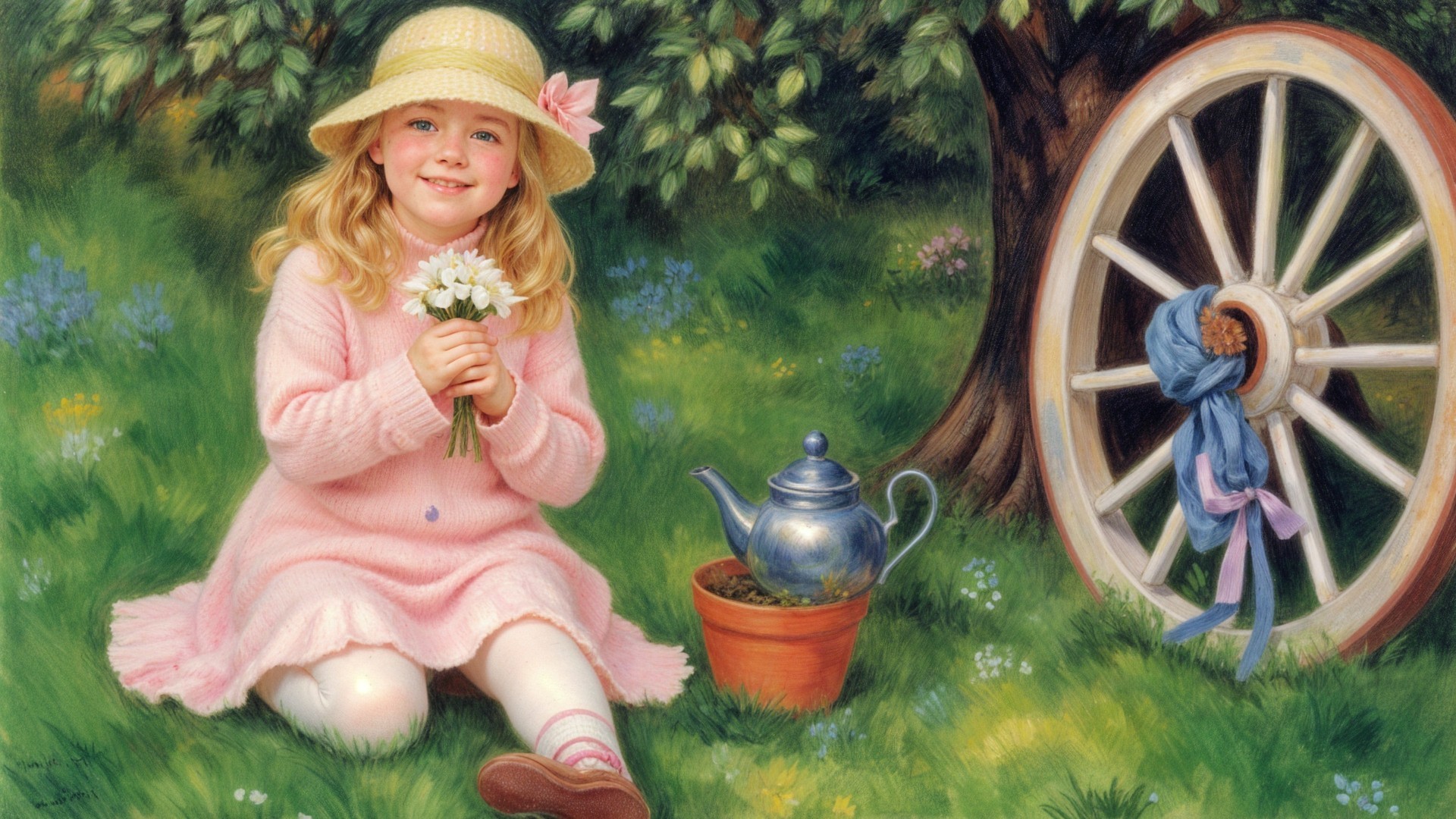 Cheerful Girl in Meadow with Daisies and Teapot