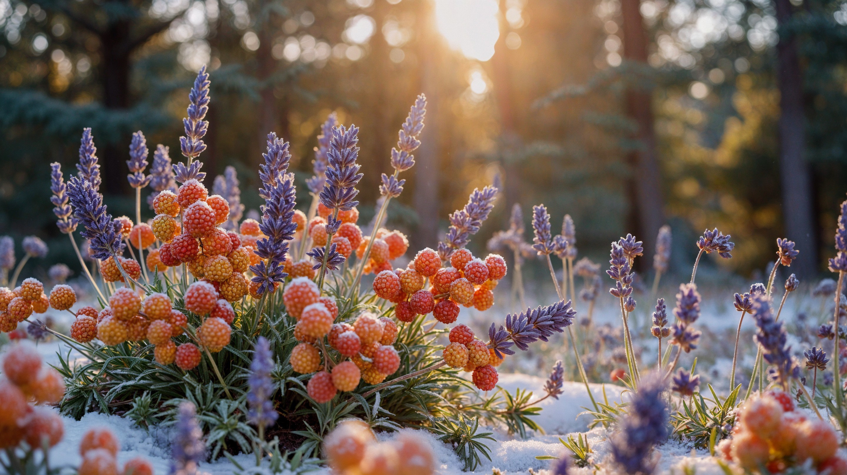 Winter Scene with Orange Berries and Lavender Blooms