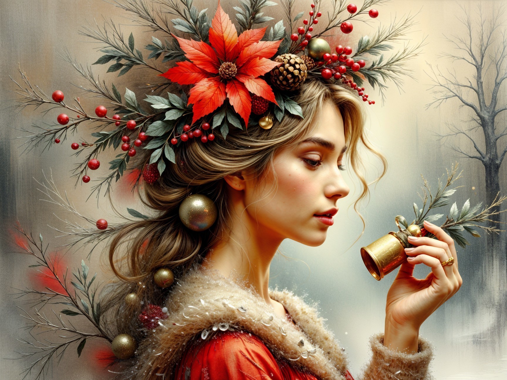 Serene woman with festive foliage and golden bell