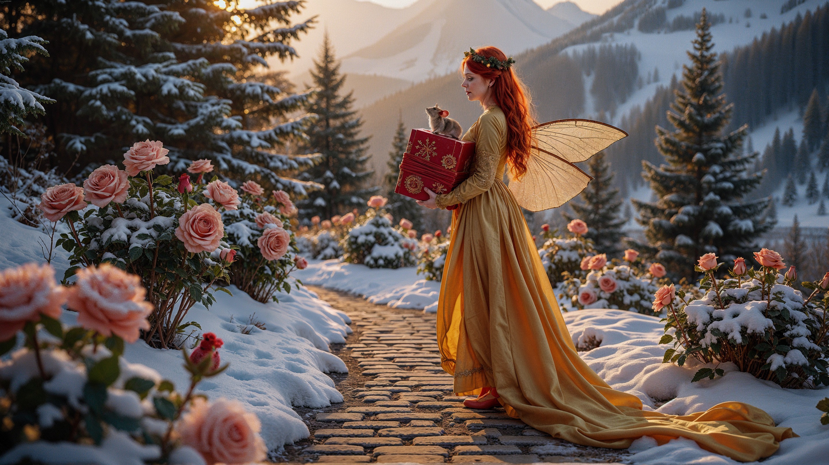 Whimsical Fairy on Snowy Path with Roses and Mountains