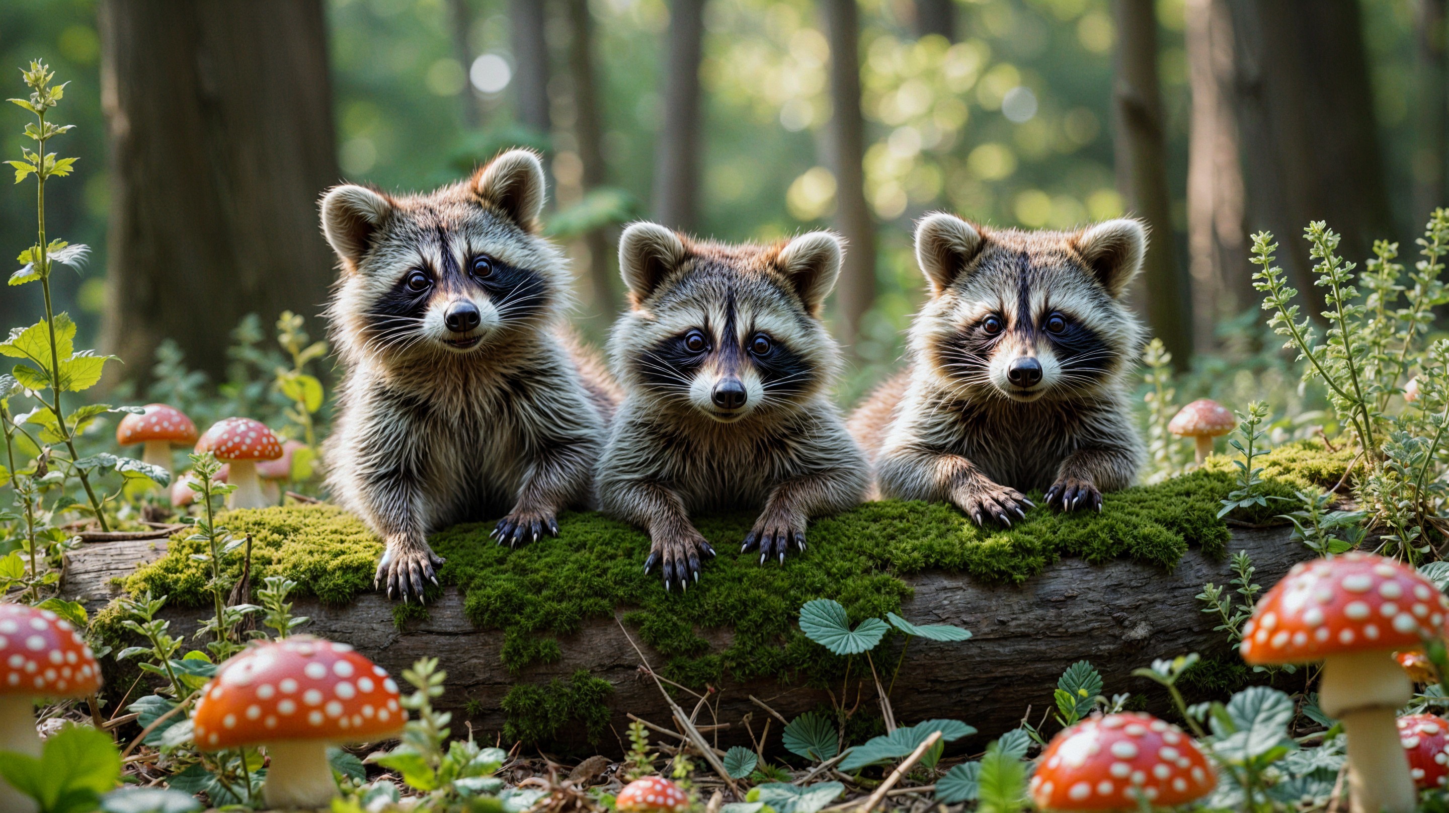 Raccoons on a Moss-Covered Log in a Forest Scene
