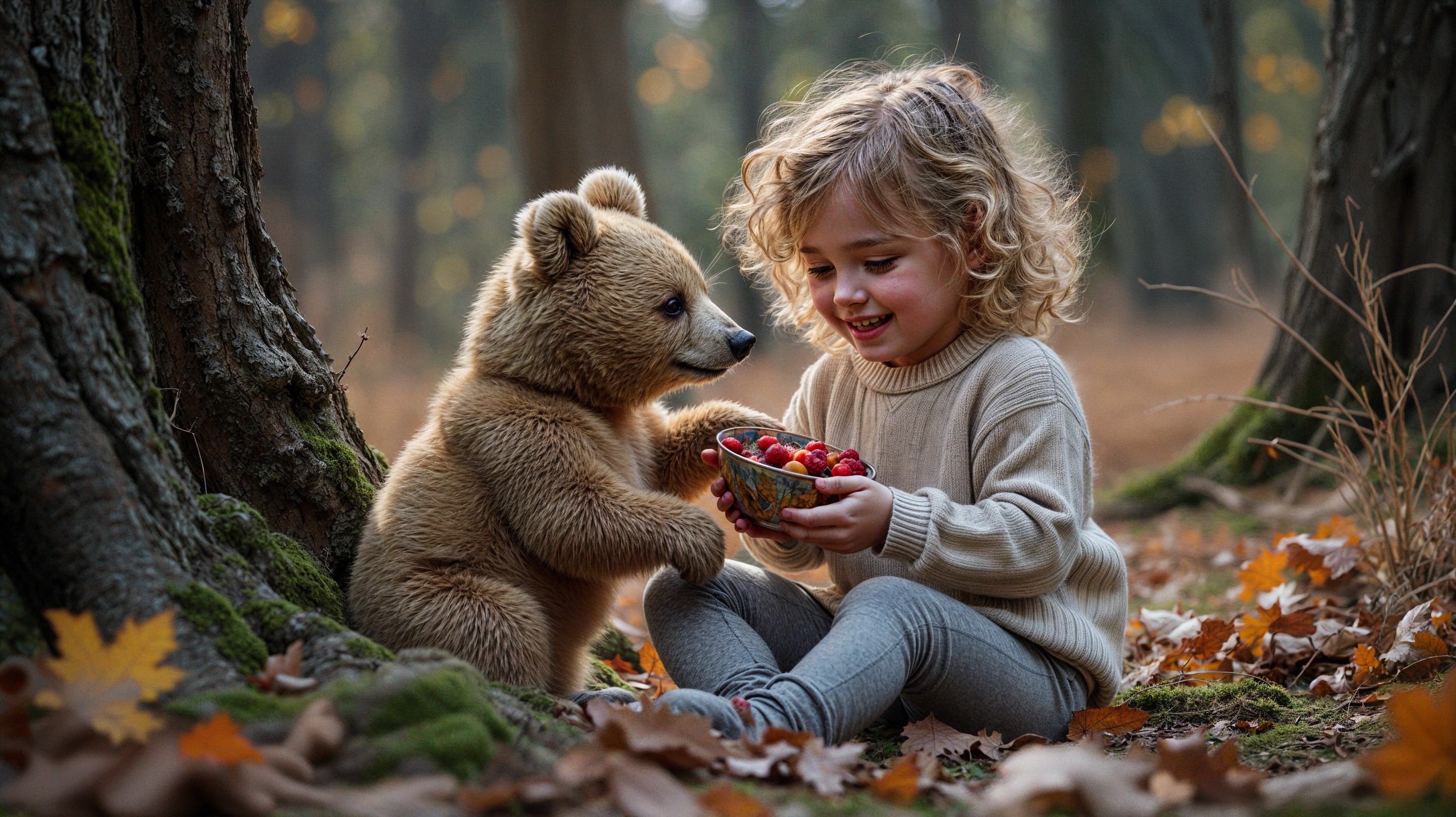 Child and bear cub share strawberries in autumn forest