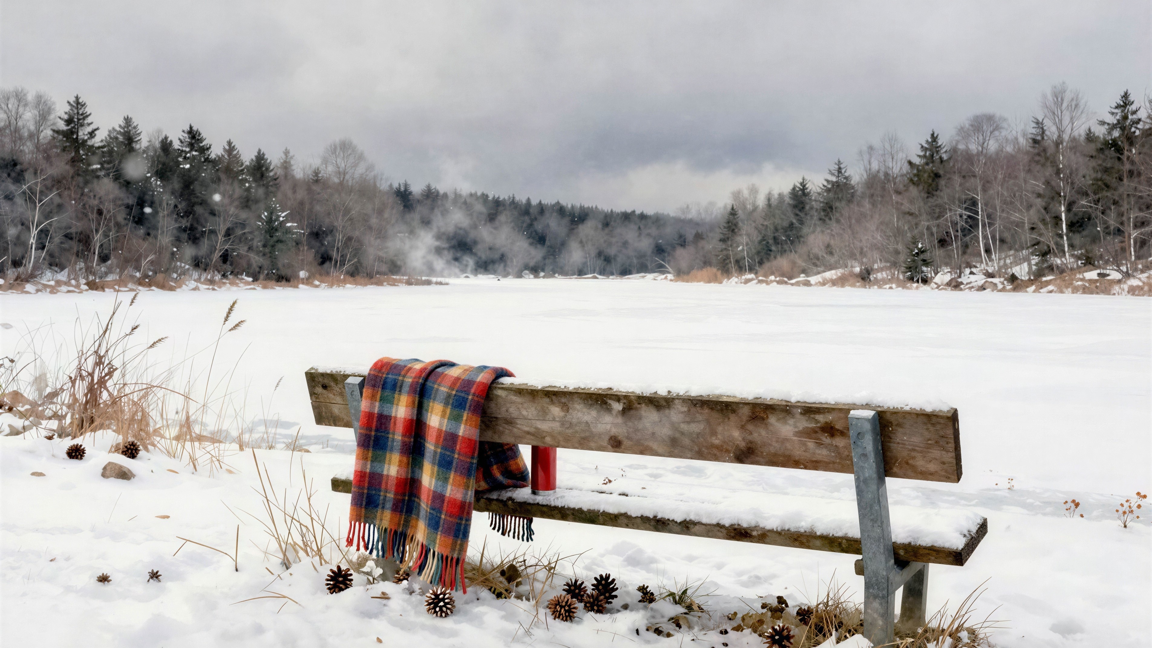 Snowy Winter Landscape with Bench and Frozen Lake