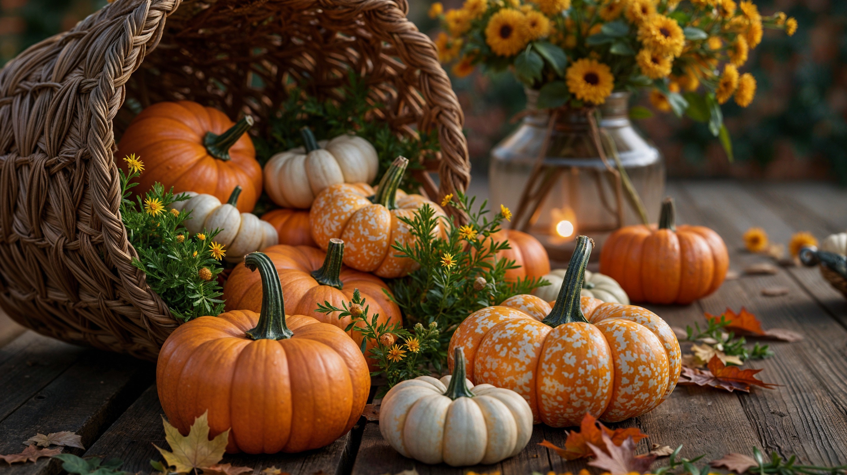 Autumn Scene with Pumpkins and Cozy Candlelight