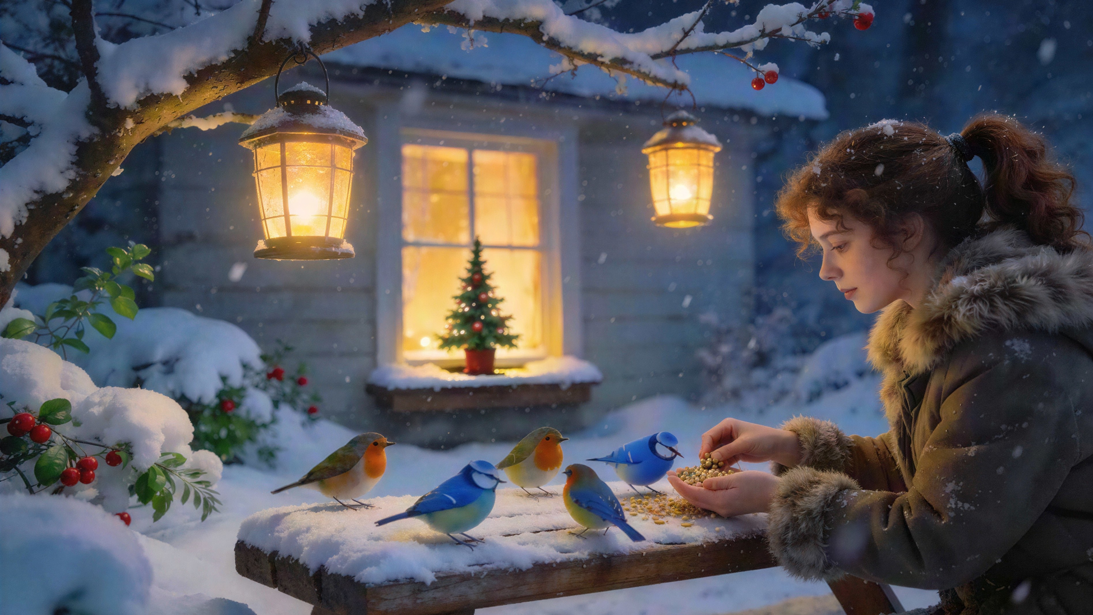 Young Woman Feeding Colorful Birds in Winter Scene