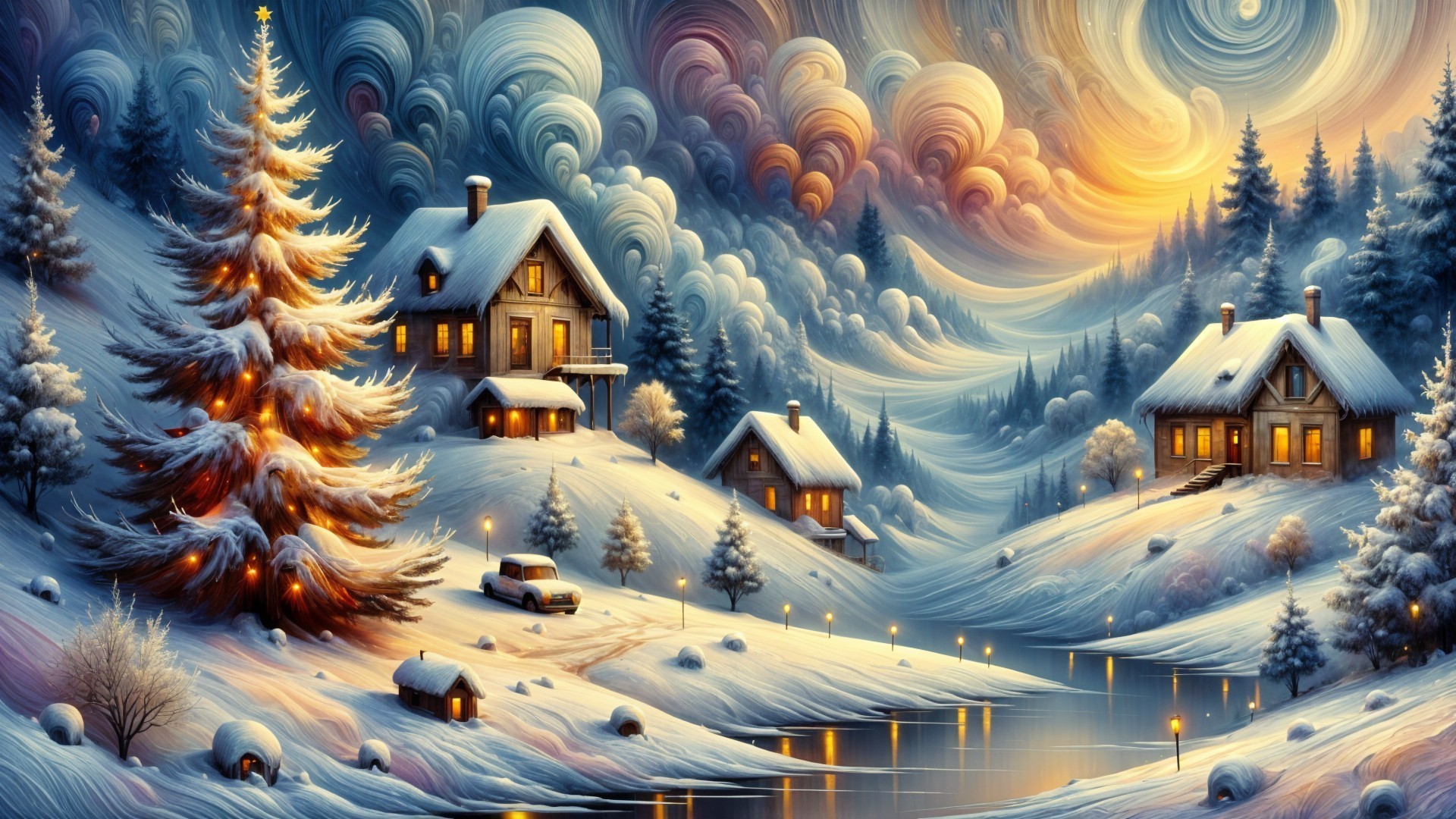 Winter Landscape with Houses and Sparkling Trees