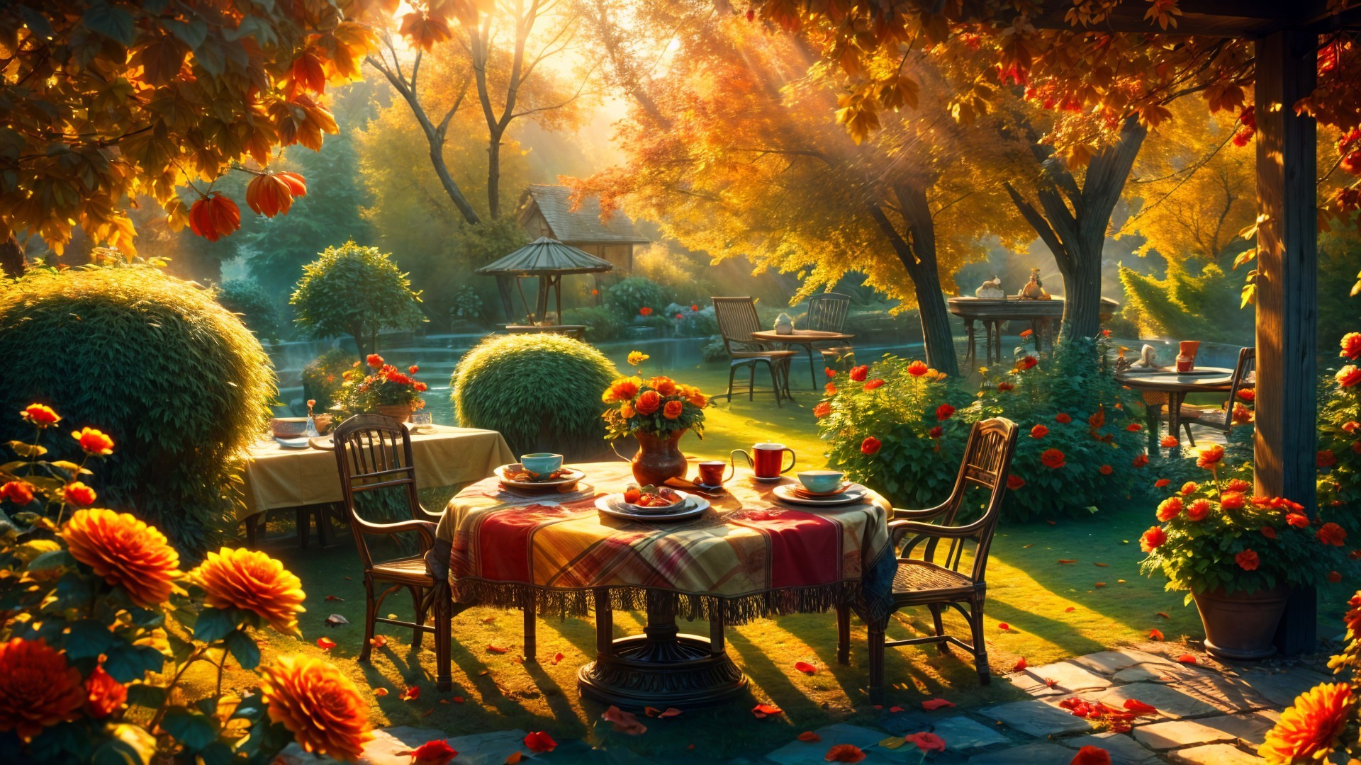 Tranquil Garden Scene with Autumn Foliage and Tea Setup