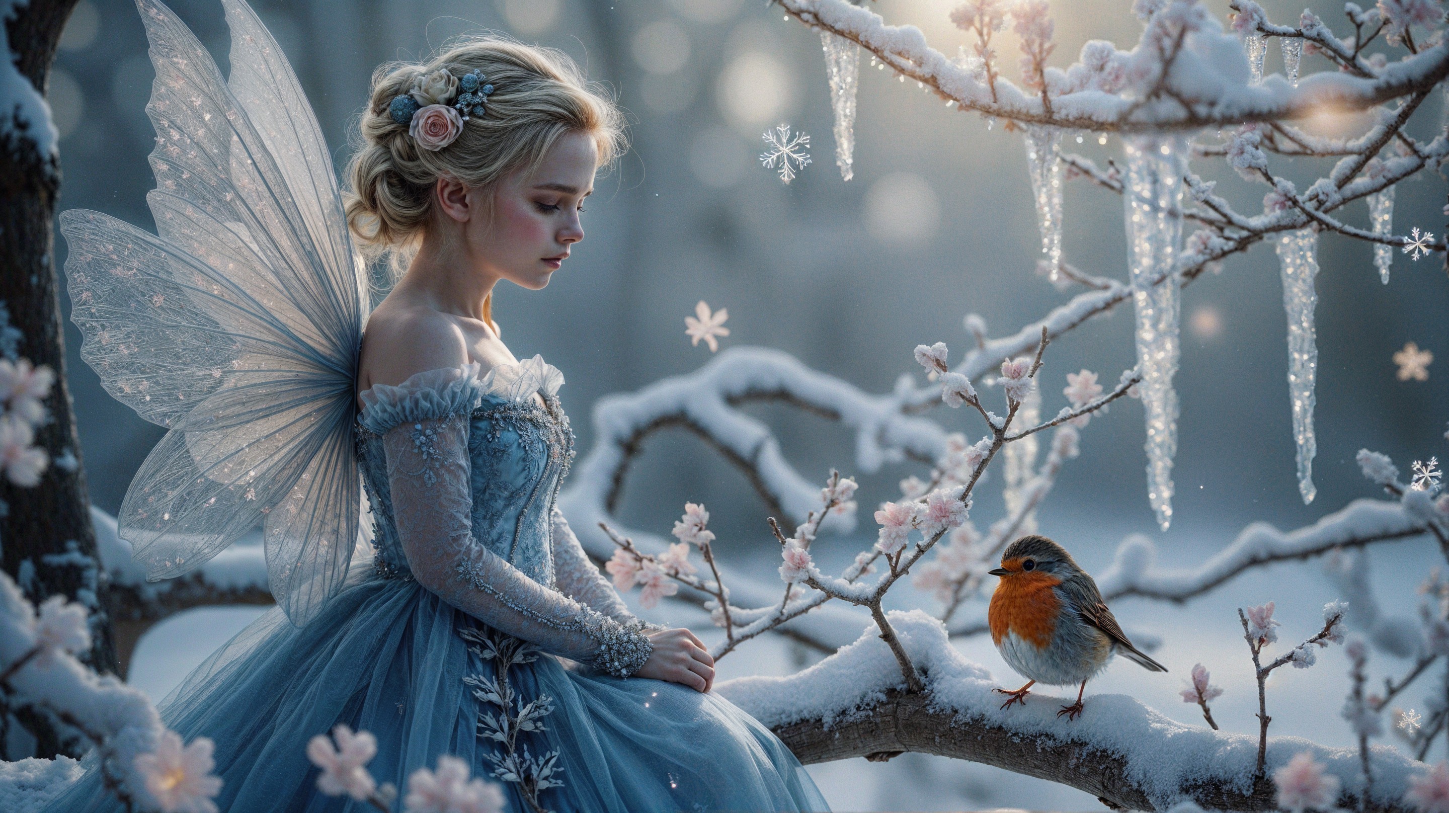 Winter Fairy on Snowy Branch with Robin and Blossoms