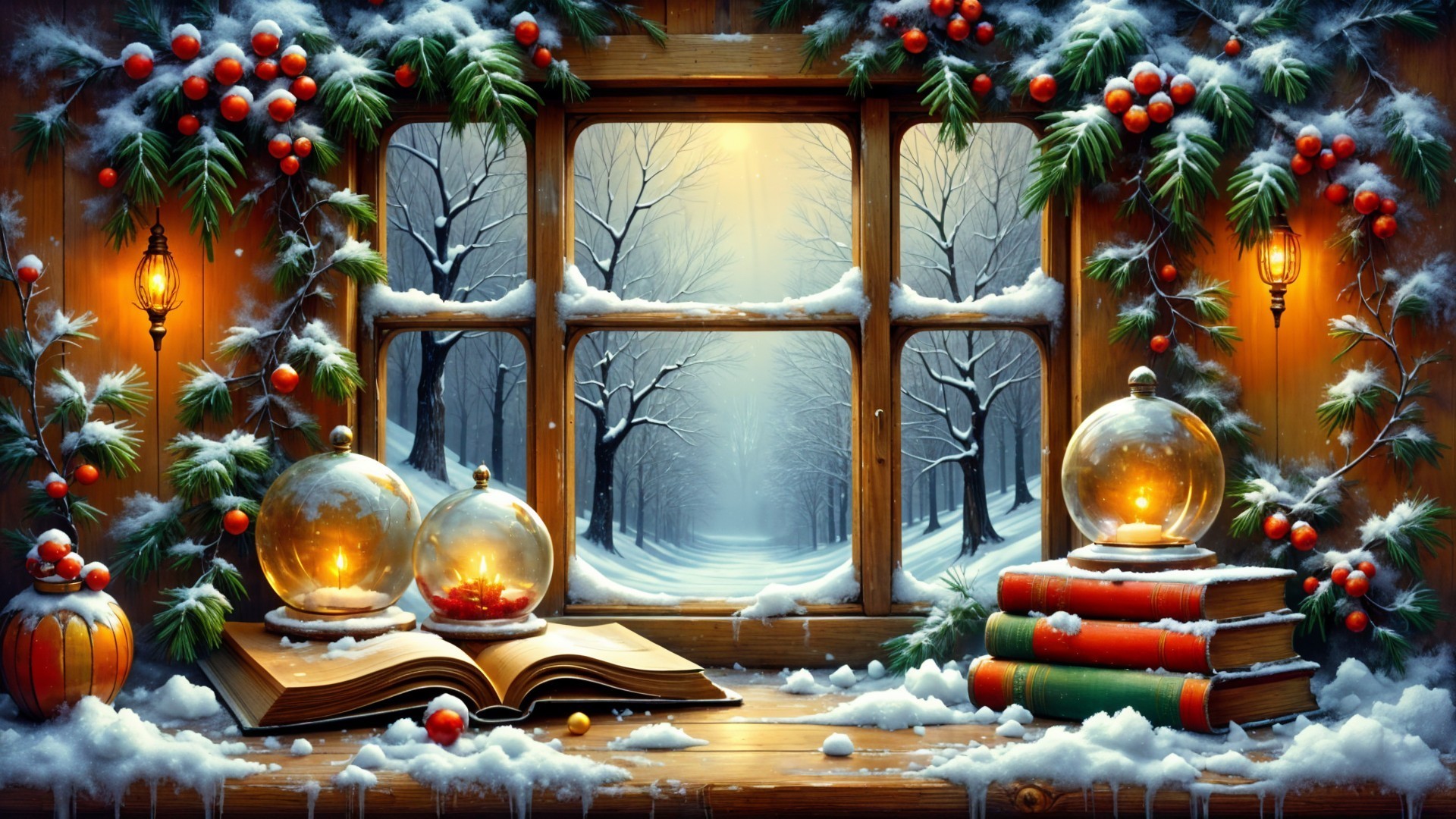 Cozy Winter Scene with Snowy Landscape and Lanterns