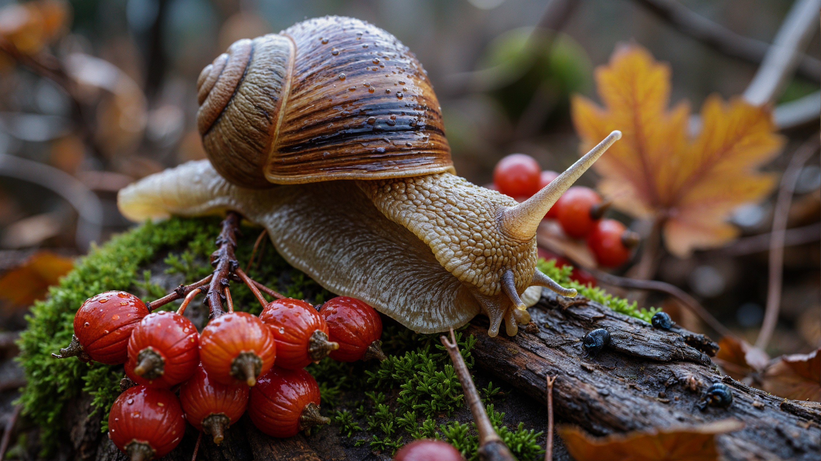 Brown Snail on Mossy Log with Red Berries and Leaves
