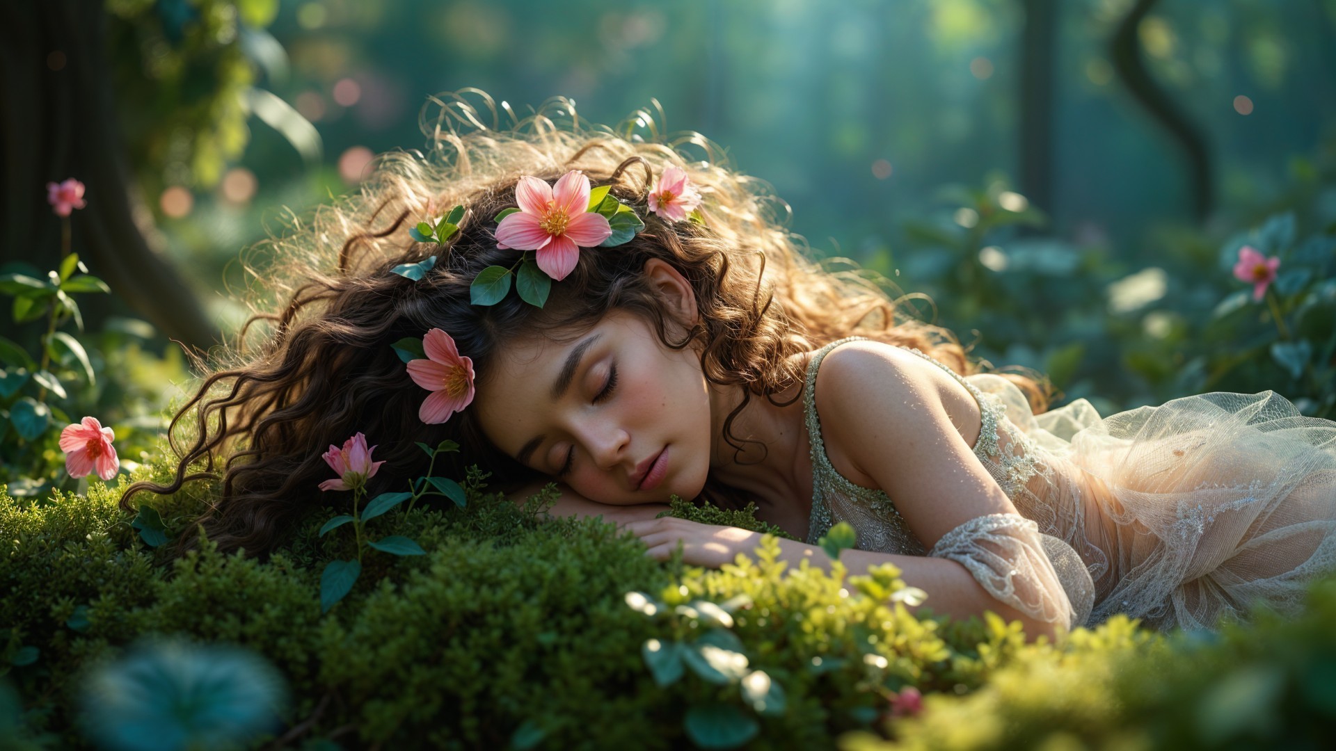 Young girl sleeping on moss with flowers and sunlight