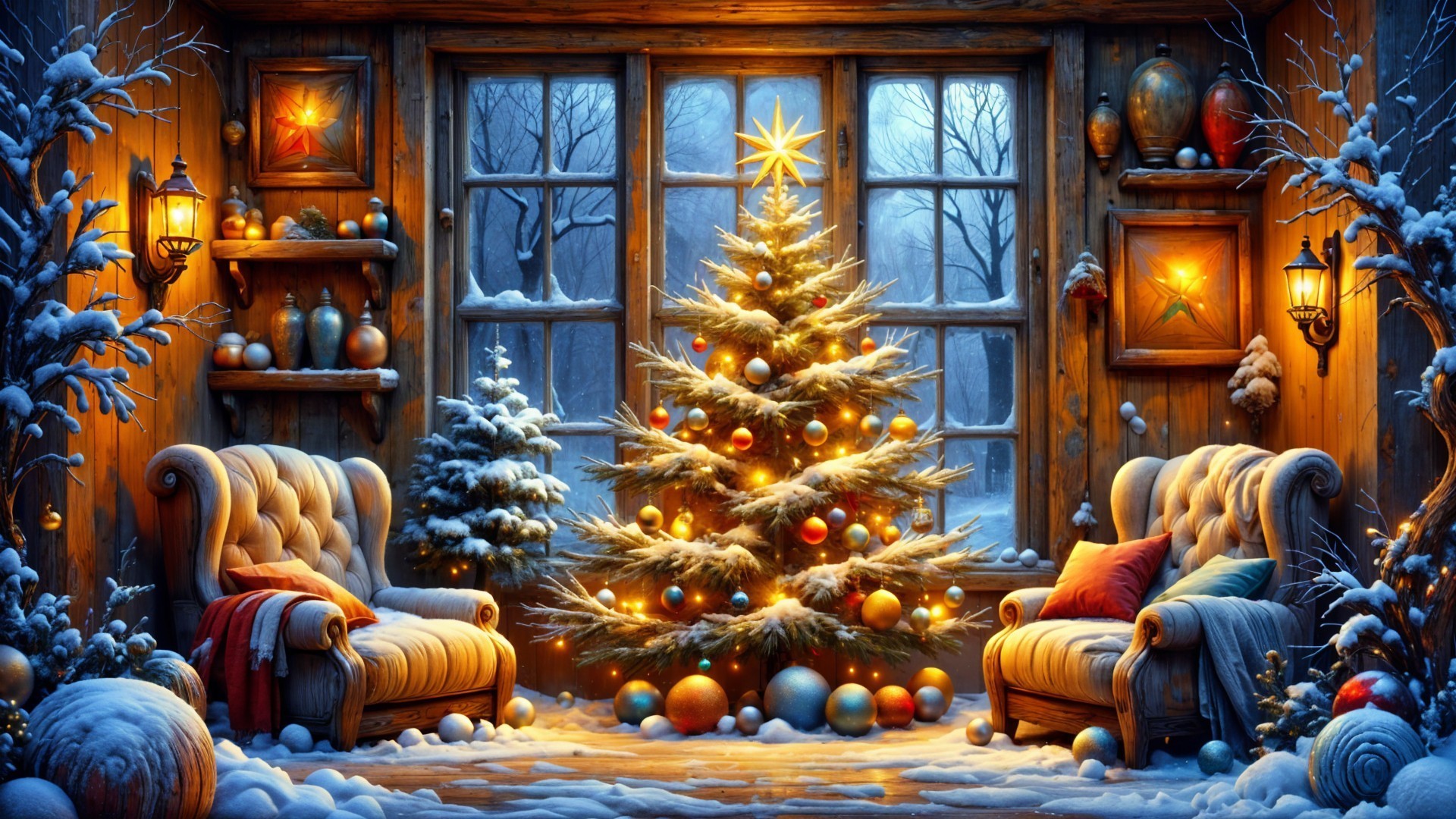 Cozy Christmas Room with Decorated Tree and Snowy View
