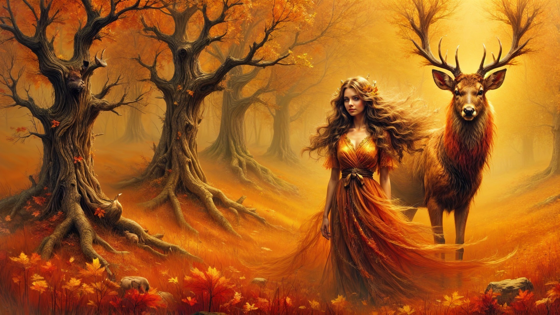 Mystical Autumn Forest with Stag and Orange Gown