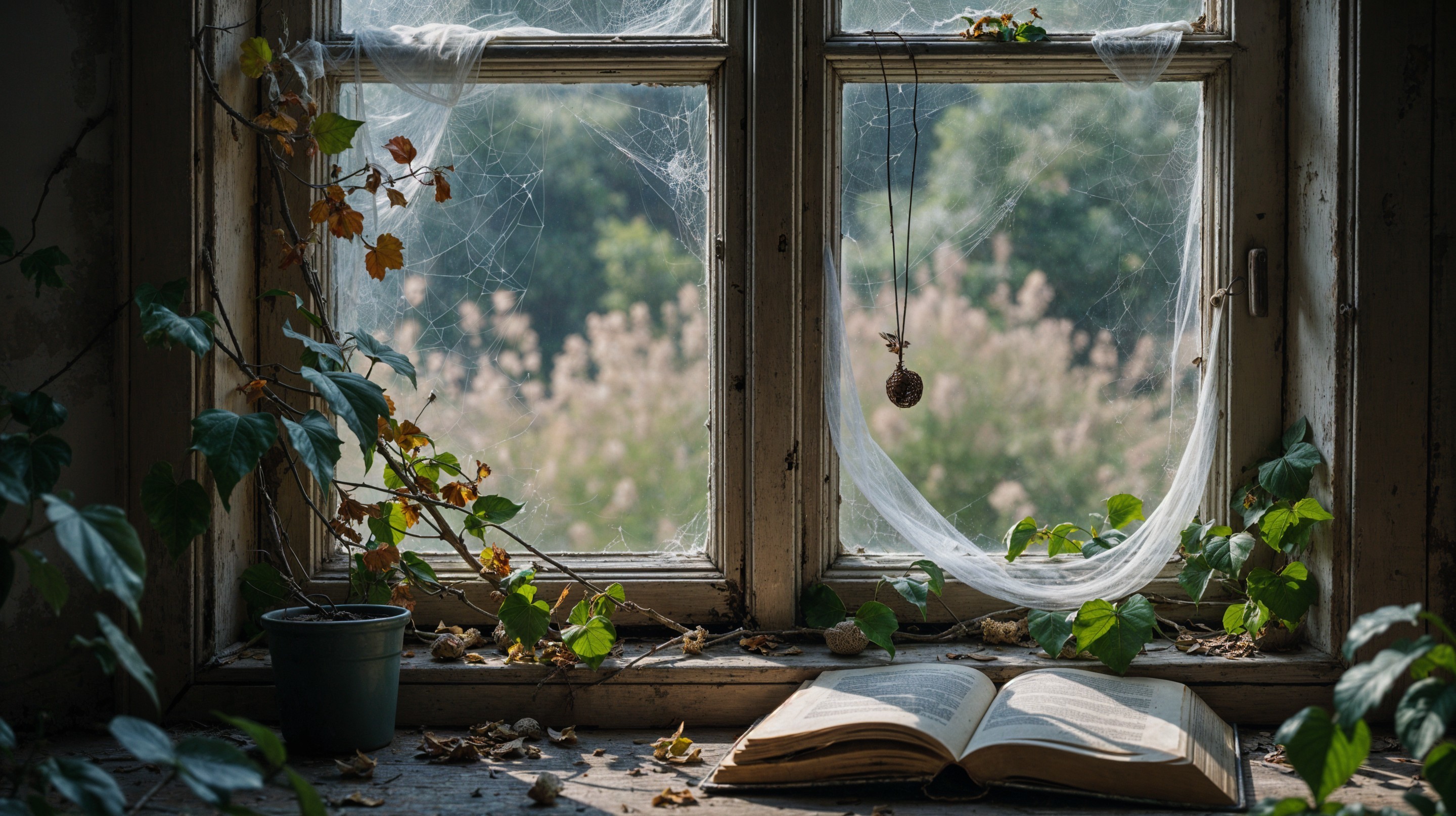 Weathered Window with Cobwebs and Overgrown Greenery