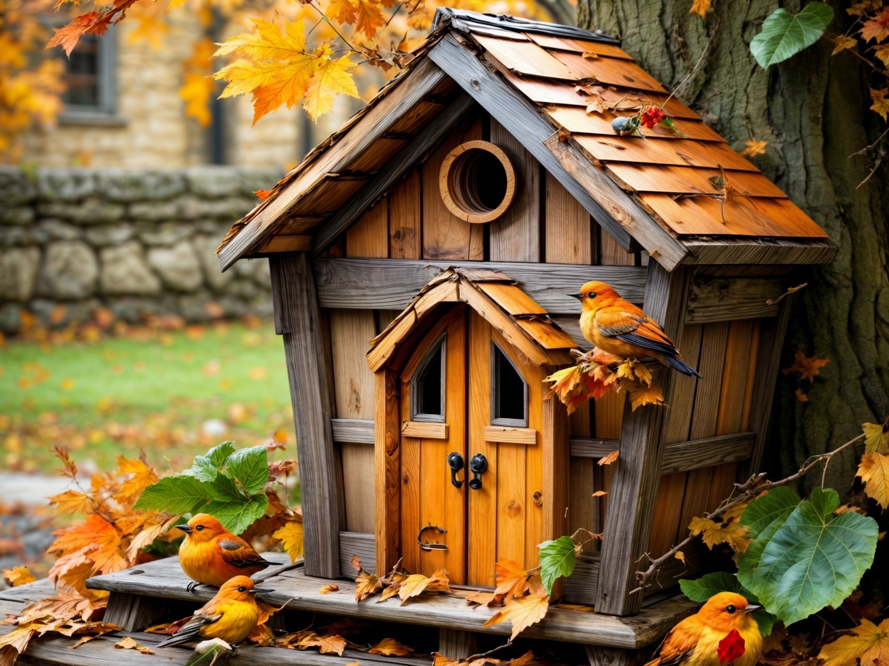 Wooden Birdhouse Surrounded by Autumn Leaves and Birds