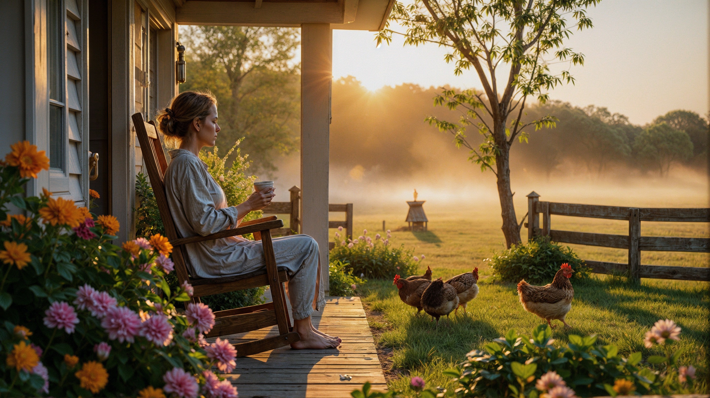 Tranquil Morning Scene with Woman on Porch