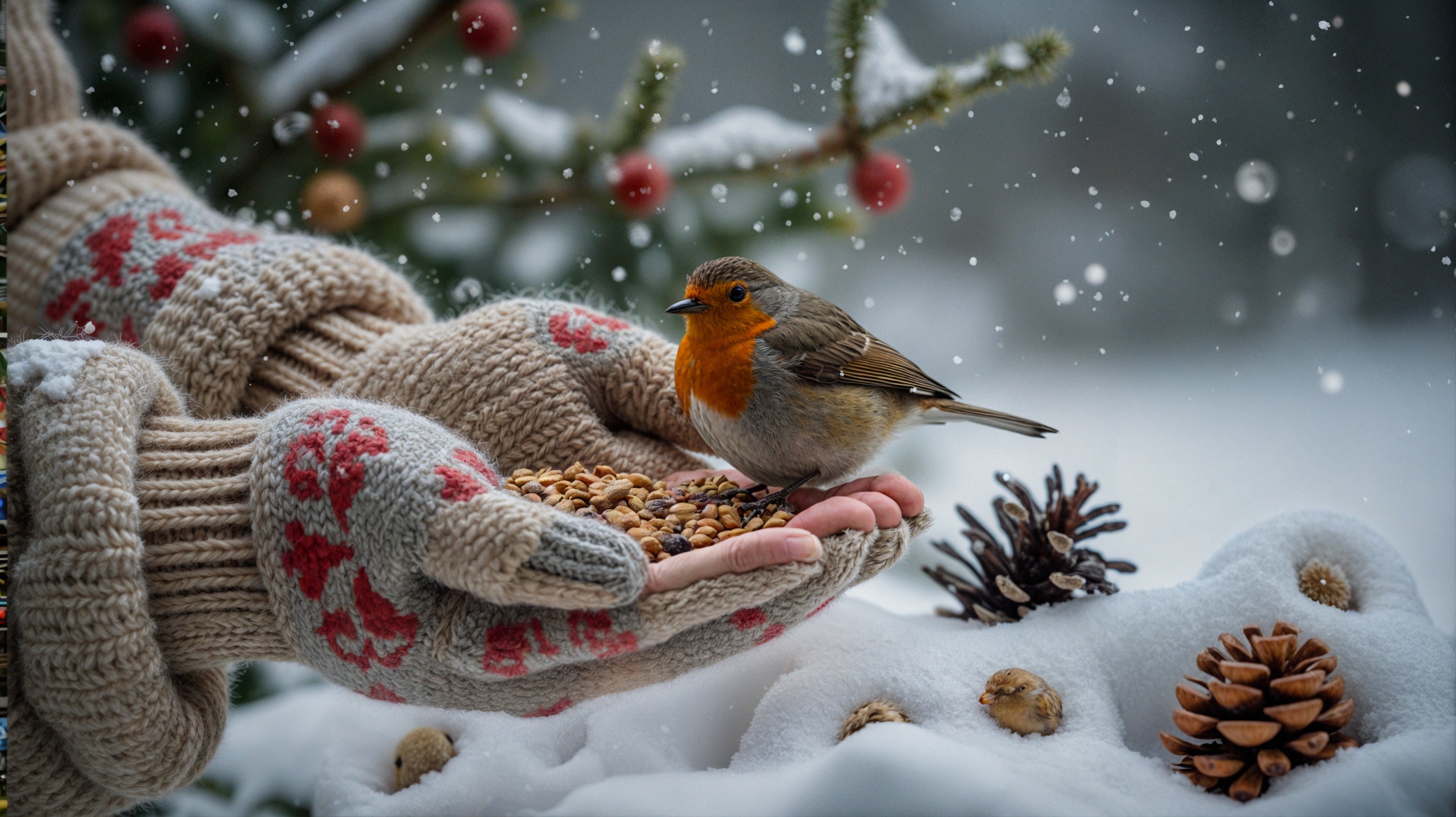 Cozy Mittens and Bird in a Snowy Winter Scene