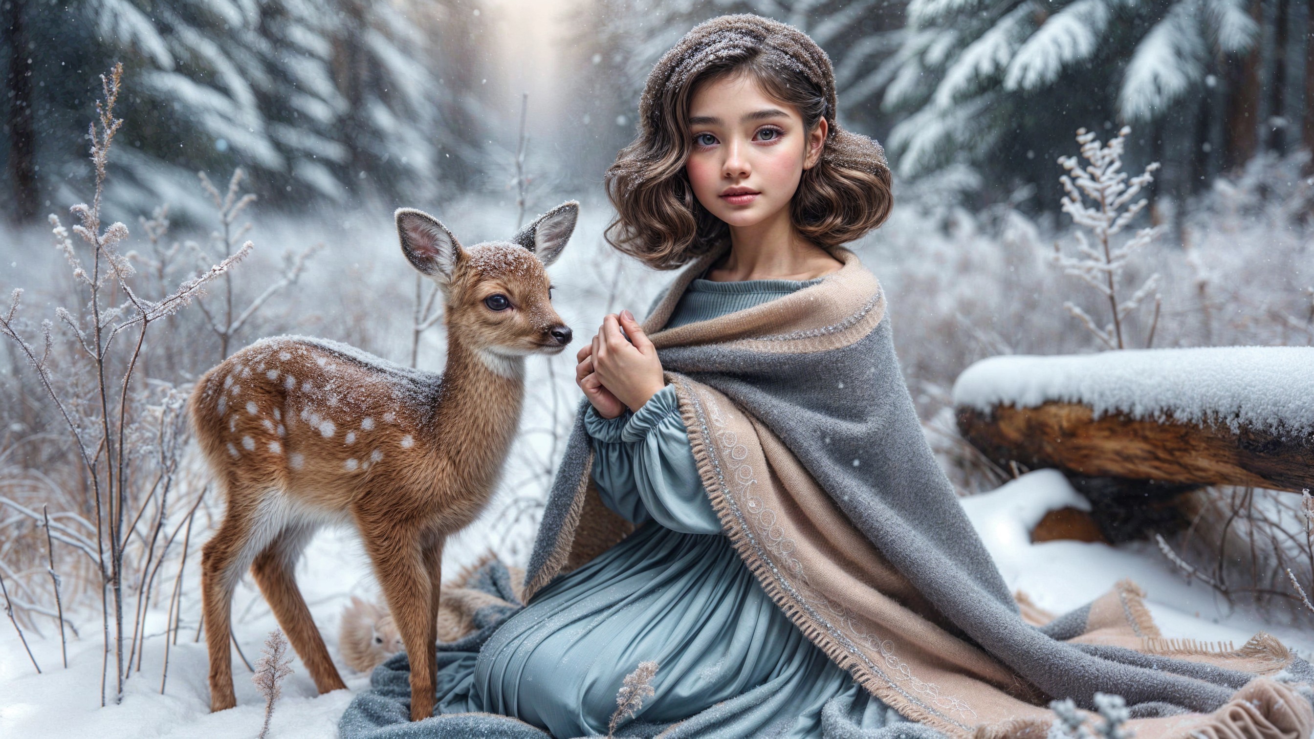 Young girl and fawn in a snowy forest setting