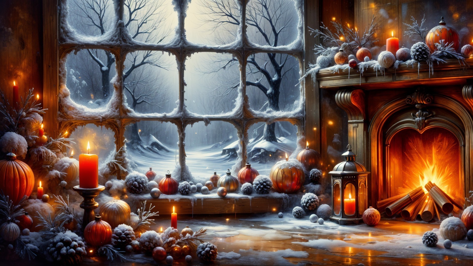 Cozy Winter Scene with Snow and Festive Decor