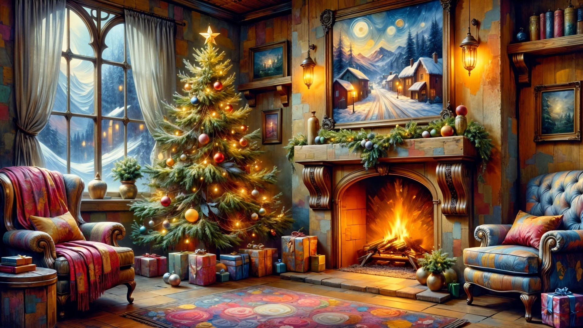 Cozy Living Room with Christmas Tree and Fireplace