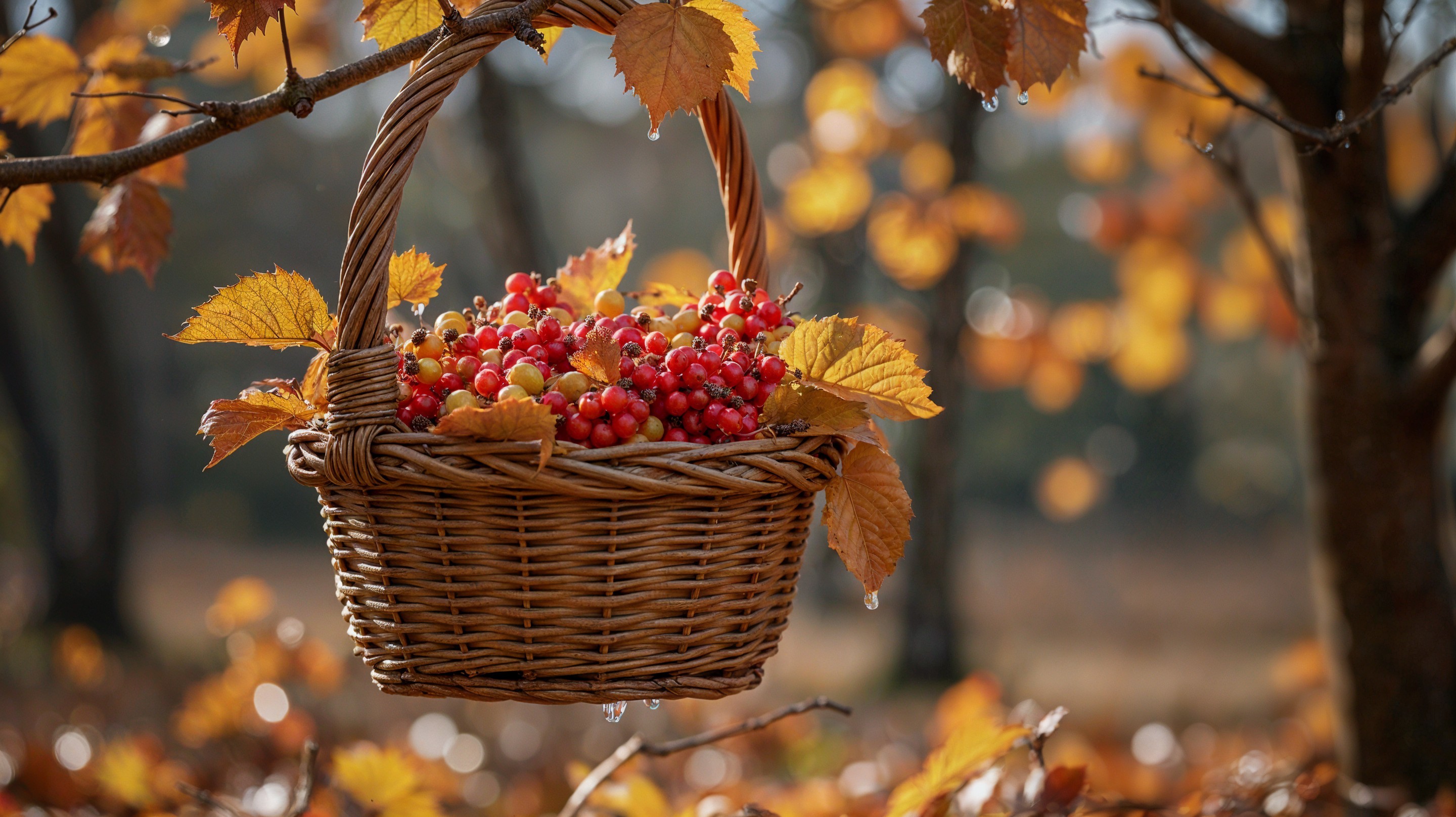 Woven Basket with Red Berries and Autumn Leaves