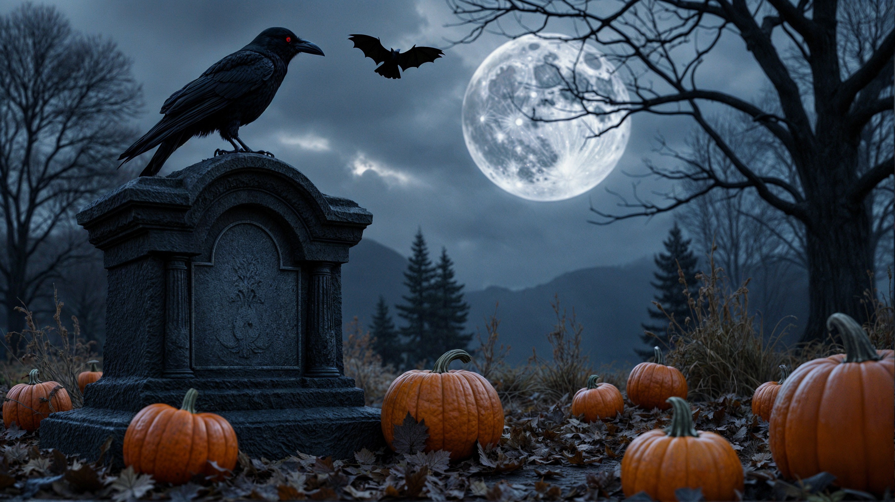 Crow with Red Eyes in Misty Graveyard at Twilight