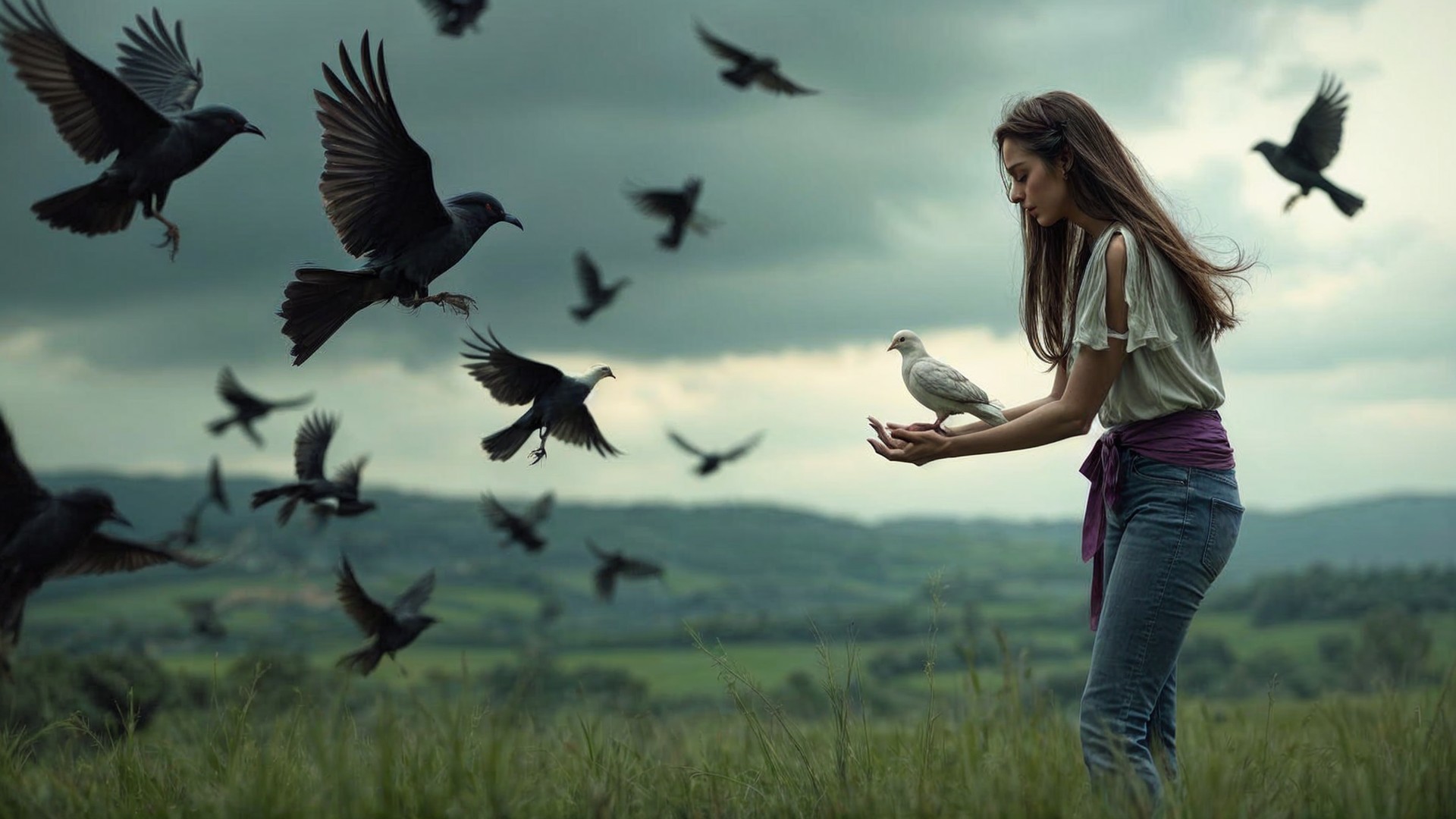 Young Woman with White Bird in Dramatic Landscape