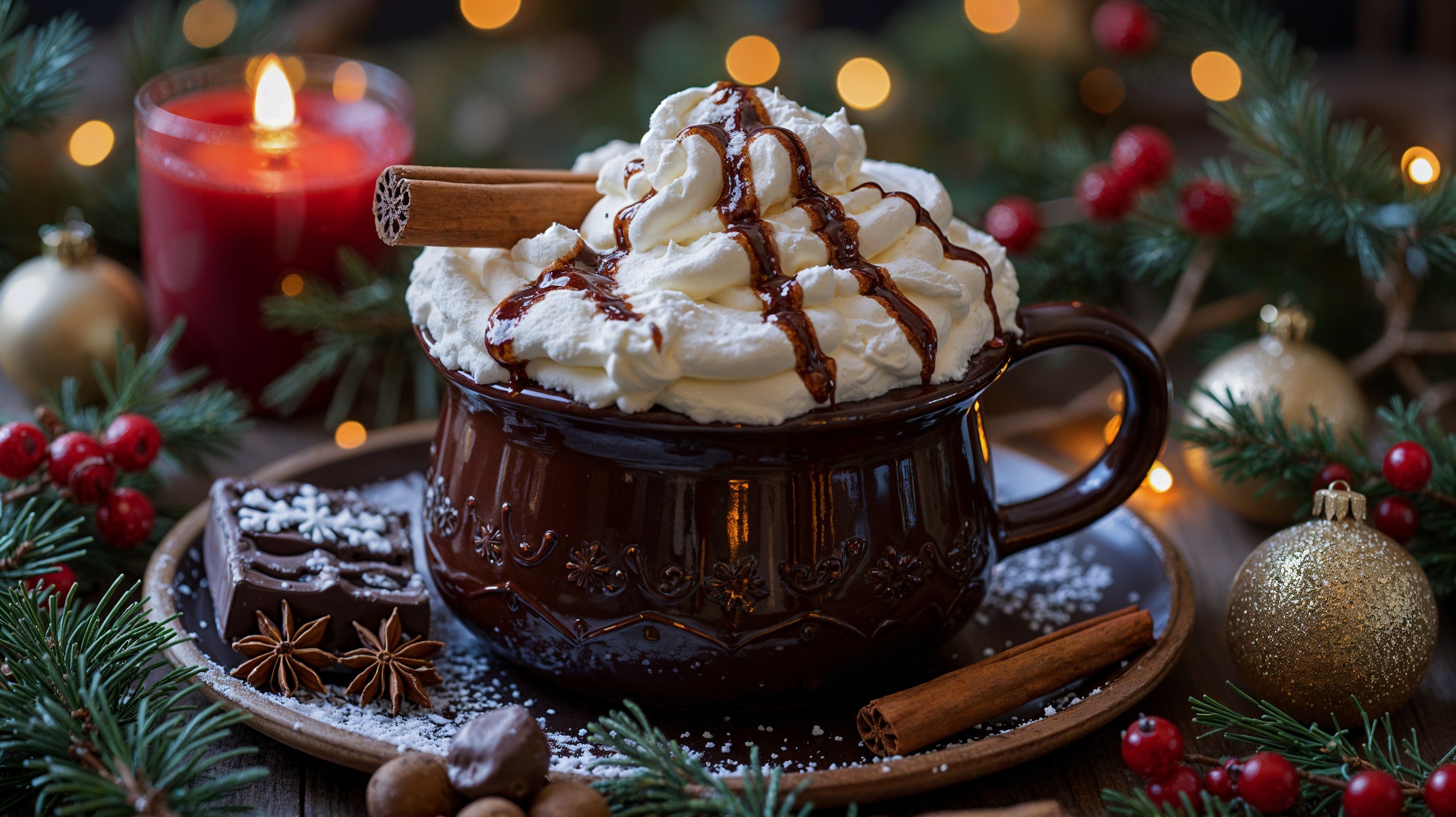Cozy Holiday Scene with Hot Chocolate and Festive Decor
