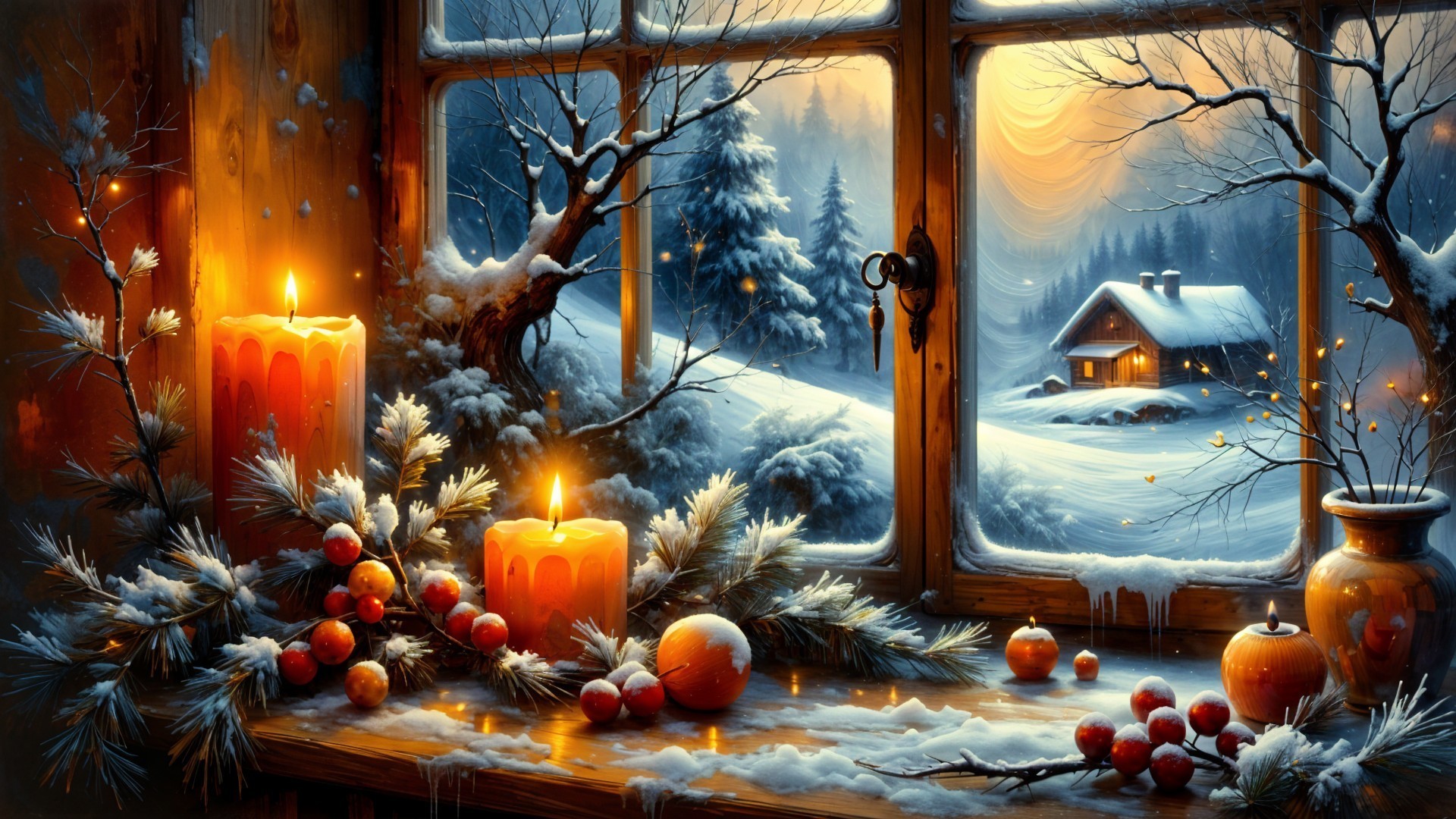 Cozy Winter Scene with Frosty Window and Sunset