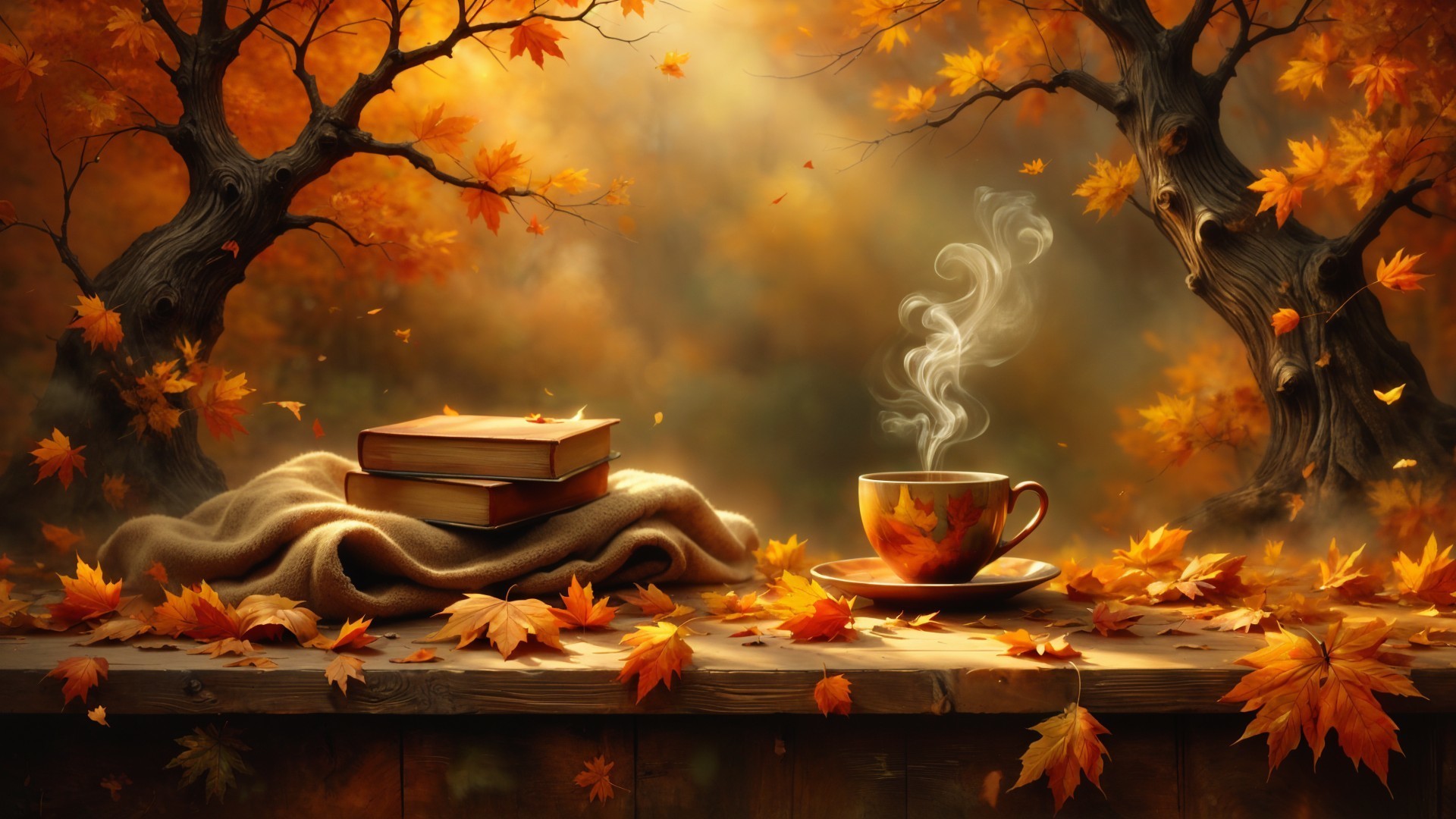 Cozy Autumn Scene with Tea and Stacked Books
