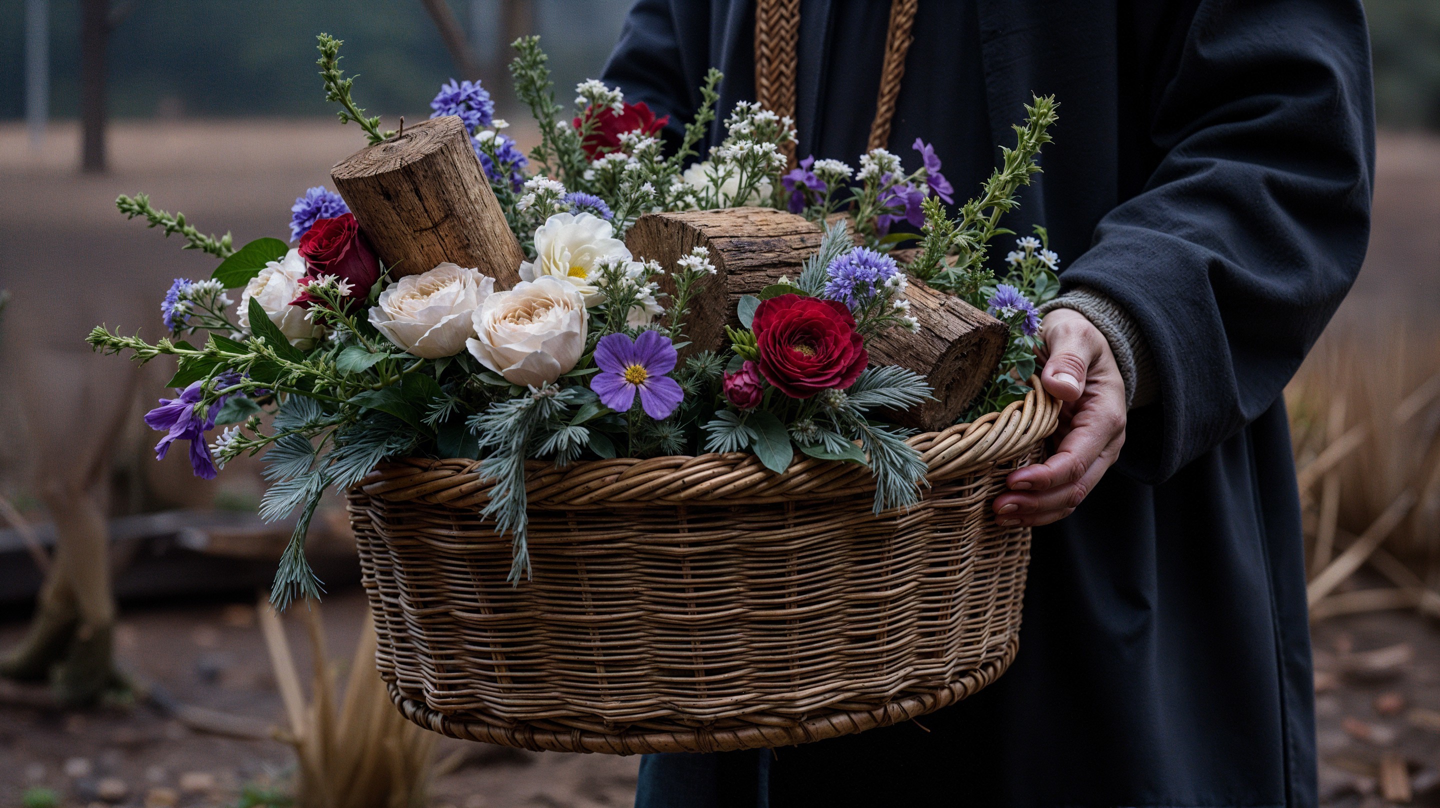 Wicker Basket with Colorful Flowers in Natural Setting