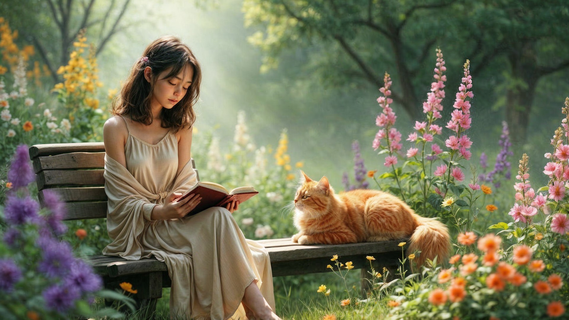 Young woman reading in a serene garden with a cat