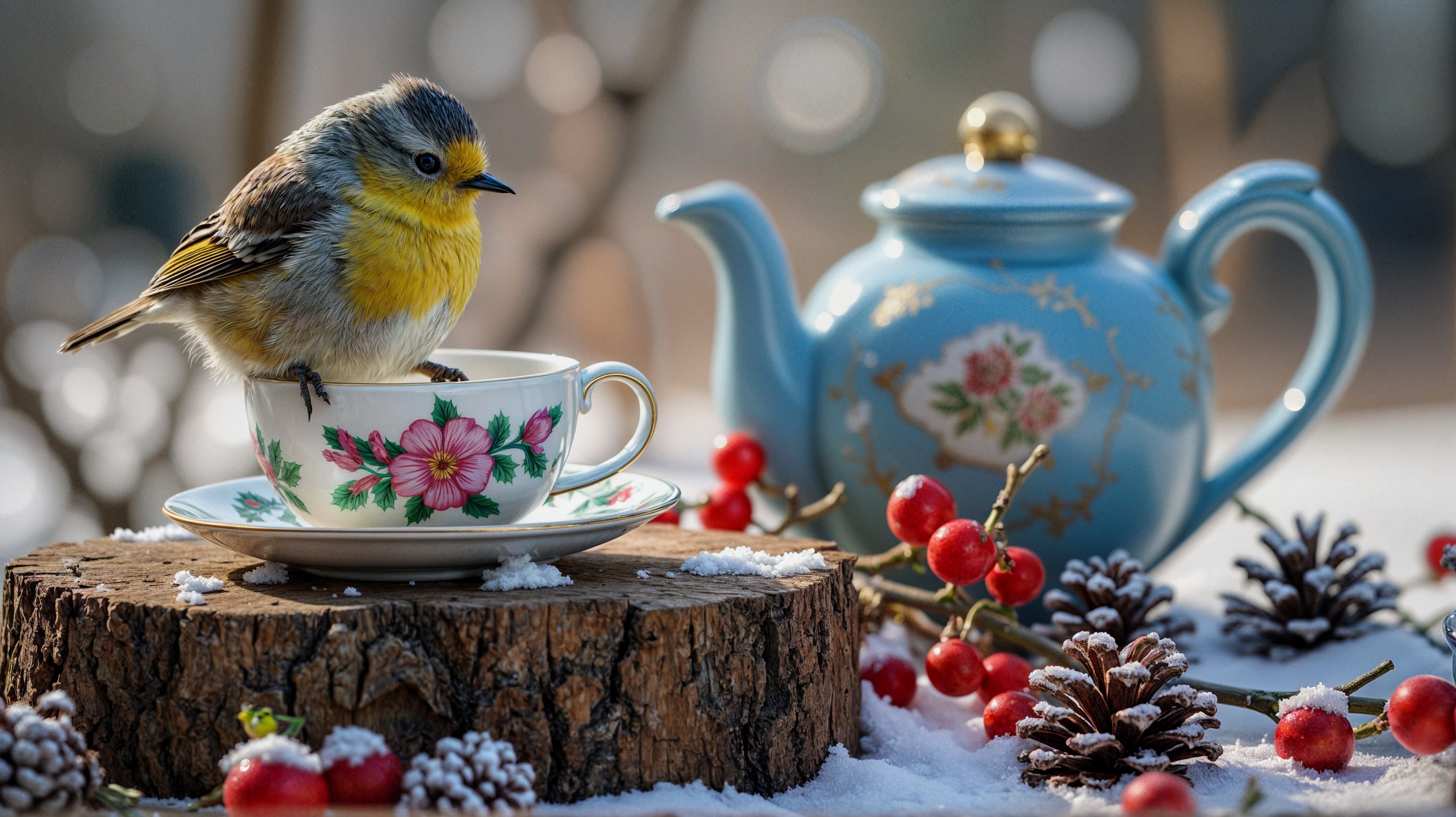 Yellow-bellied Bird on Floral Teacup in Winter Scene