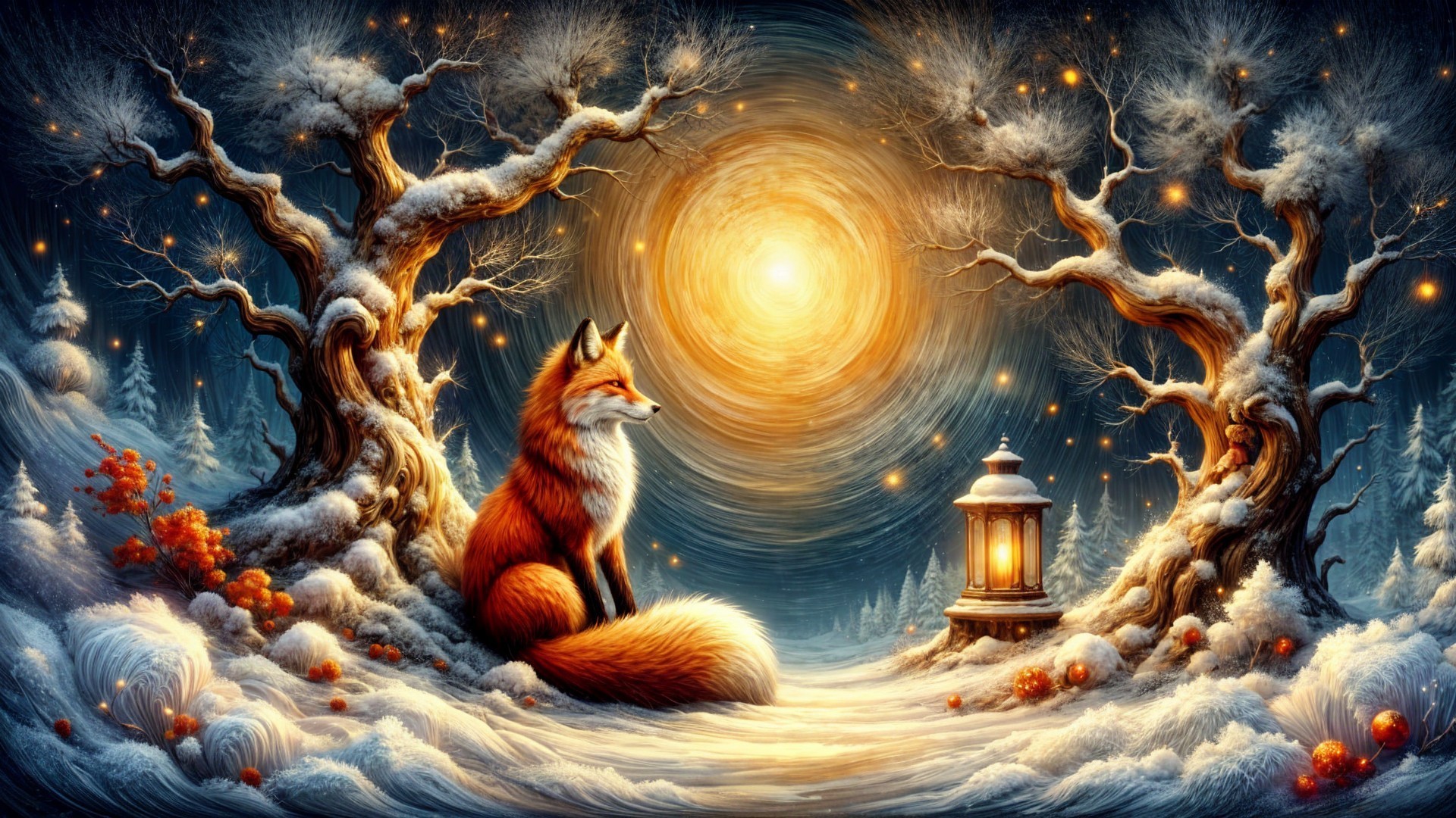 Majestic fox in snowy landscape with glowing lantern