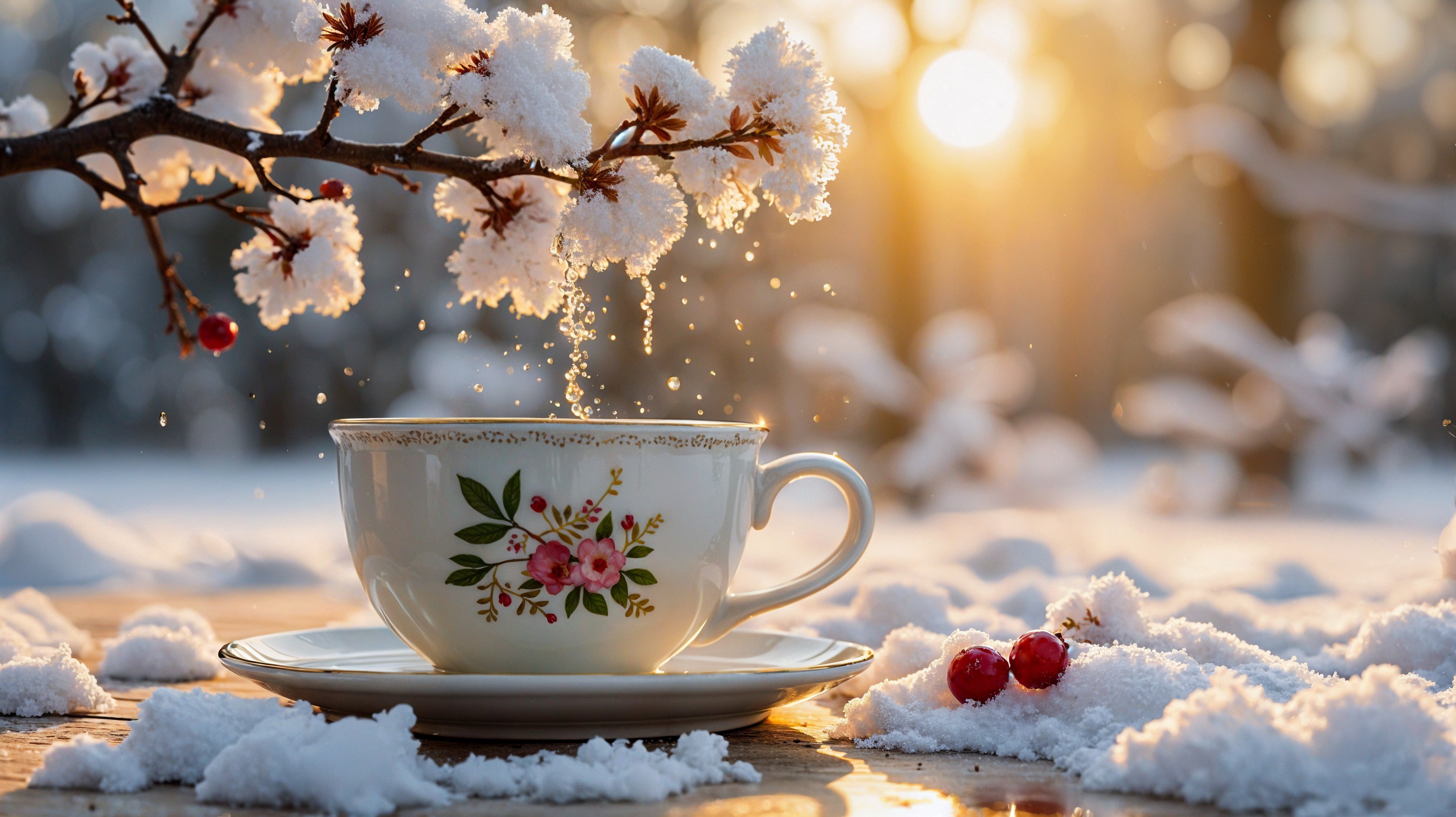 Porcelain Cup with Floral Patterns in Winter Landscape
