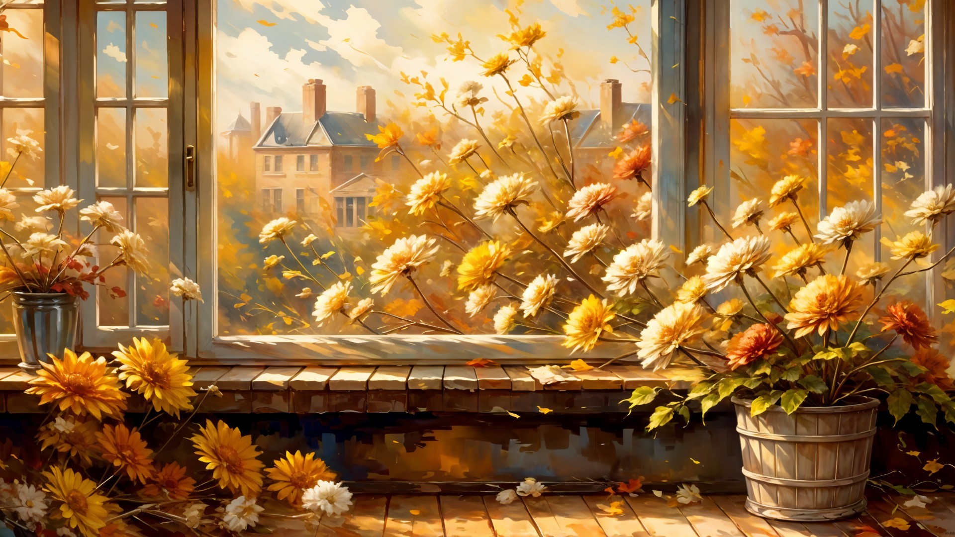 Cozy Autumn Window Scene with Vibrant Flowers