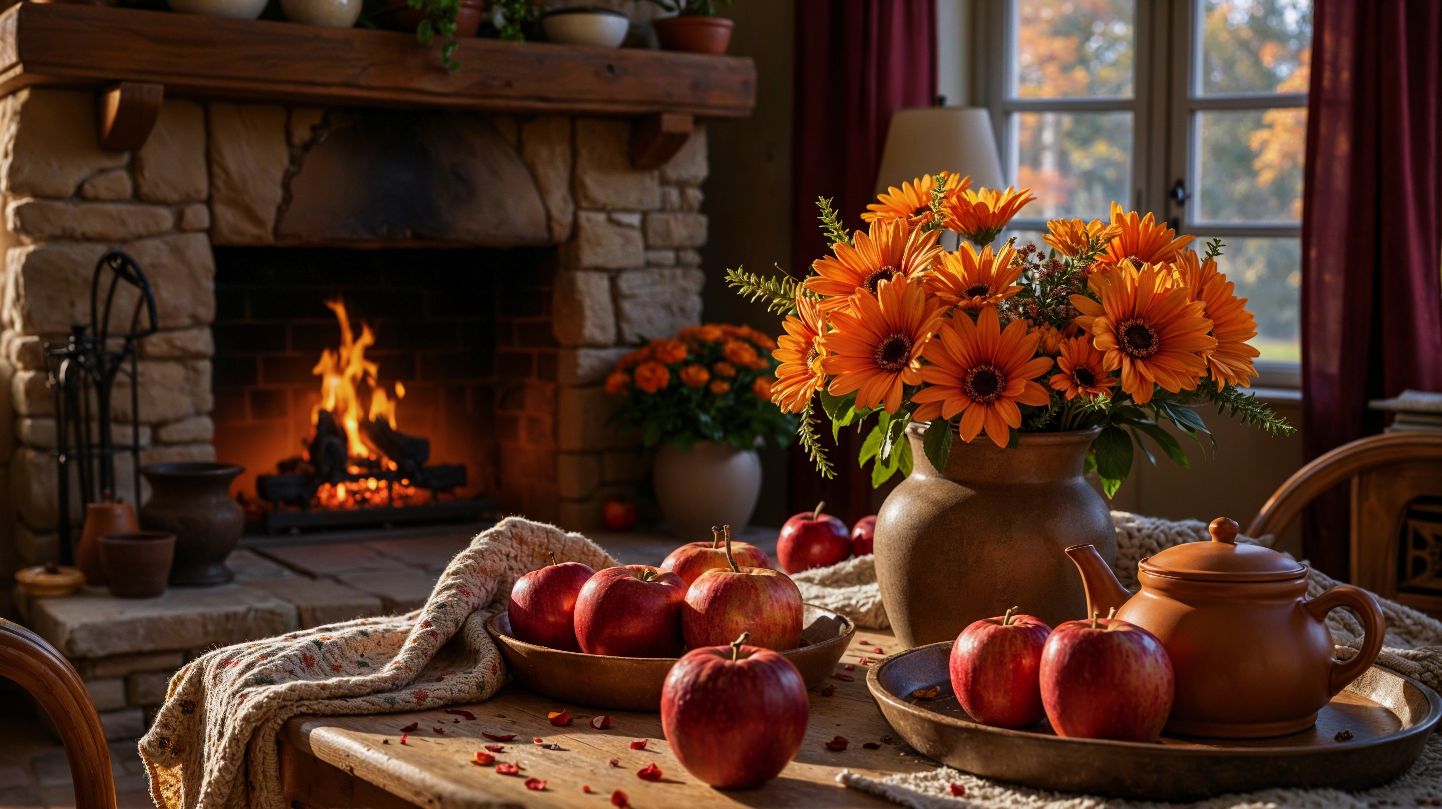 Cozy Room with Fireplace and Autumn Decor Elements