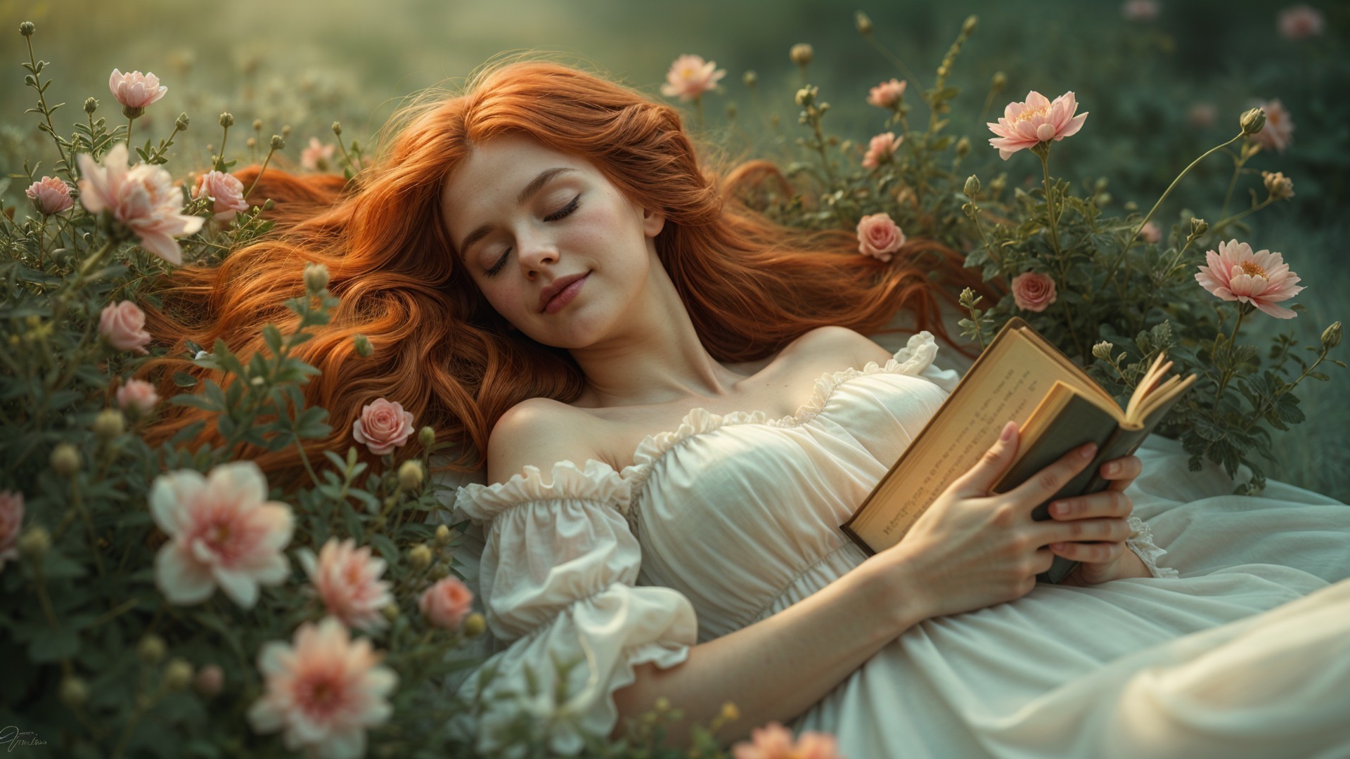 Young Woman in White Gown Surrounded by Flowers