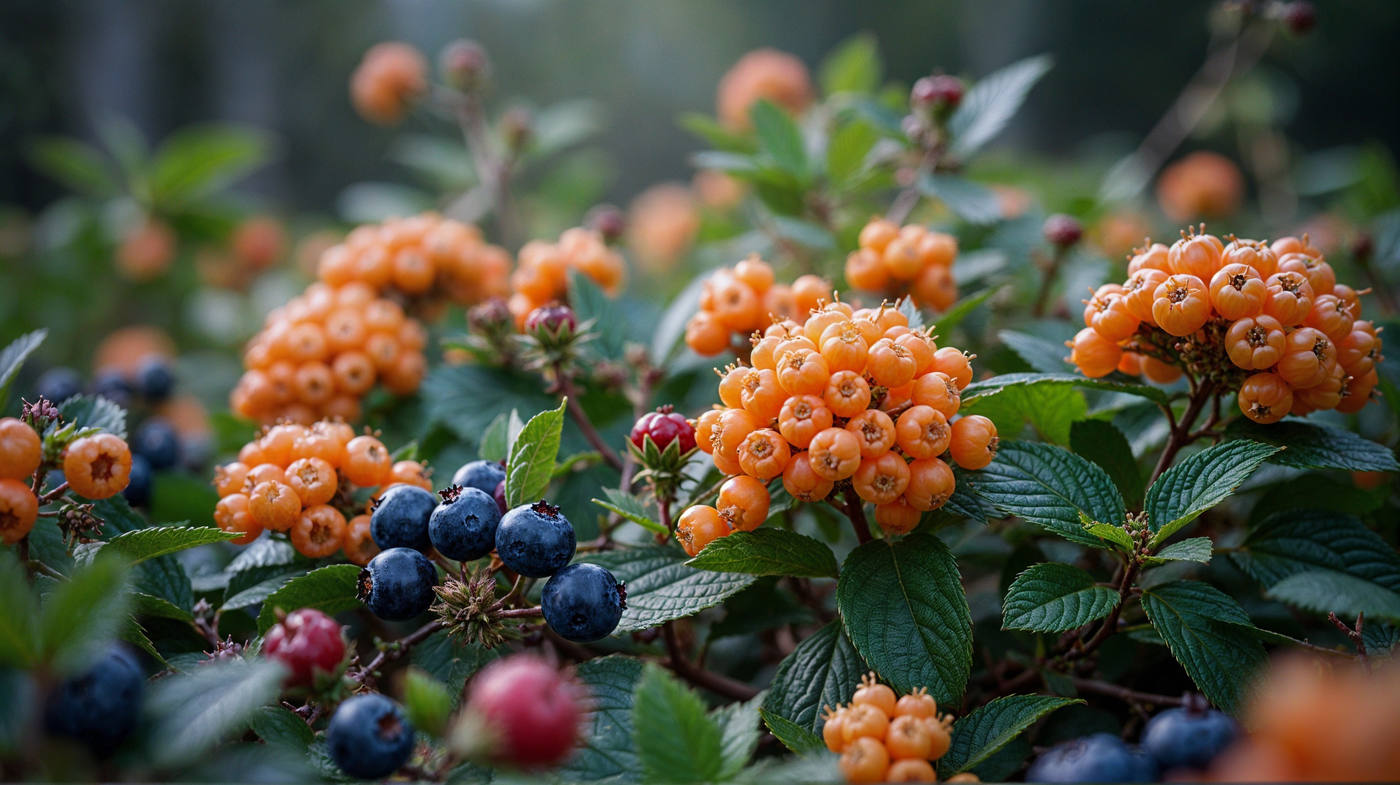 Clusters of Orange and Blue Berries on Green Foliage