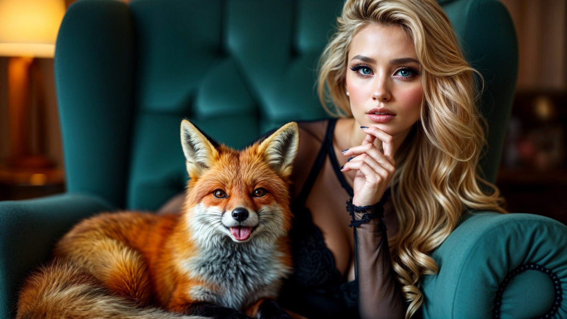 Glamorous Woman and Playful Fox in Cozy Setting
