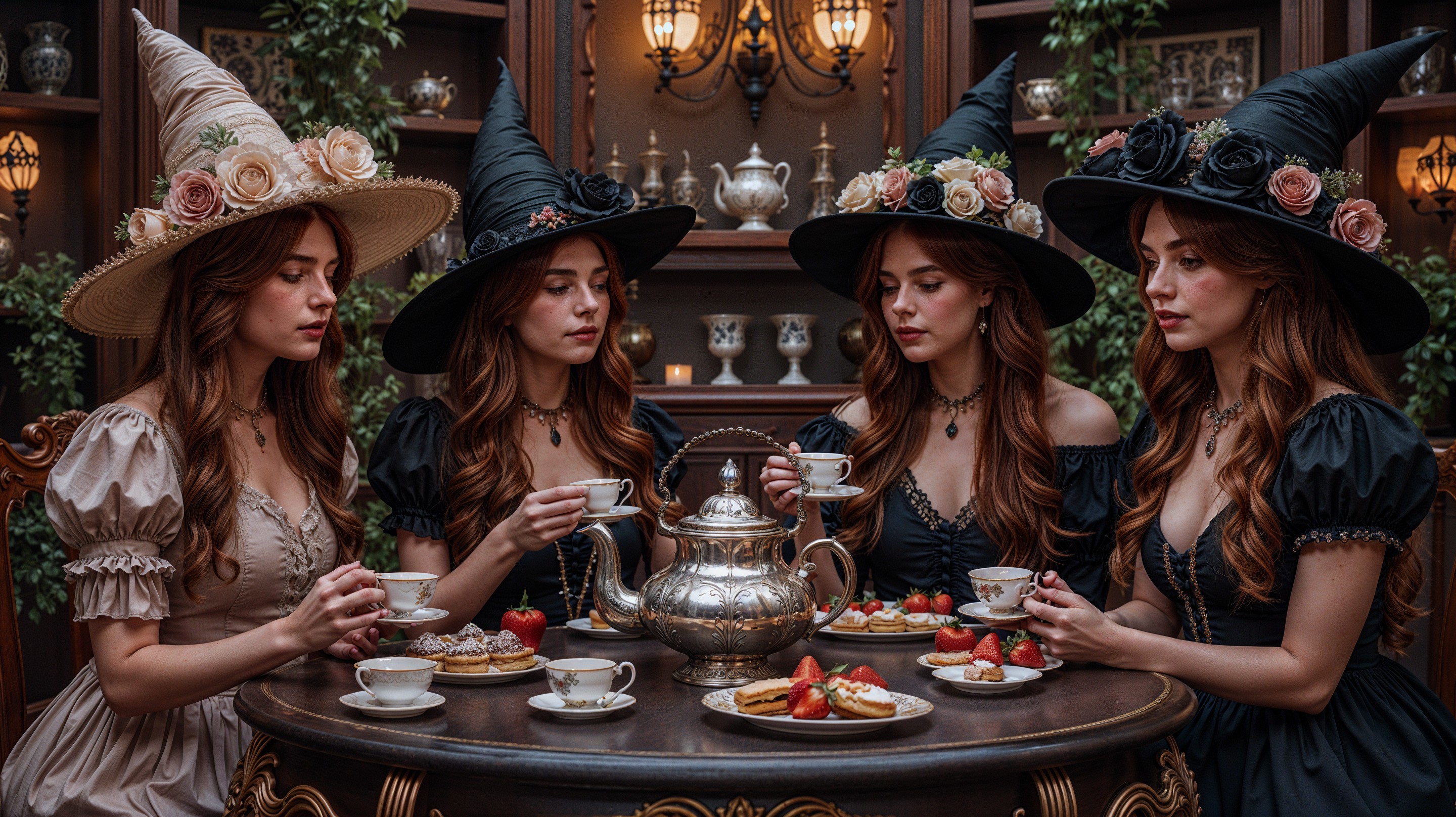 Witches' Tea Party in a Cozy Elegantly Decorated Room