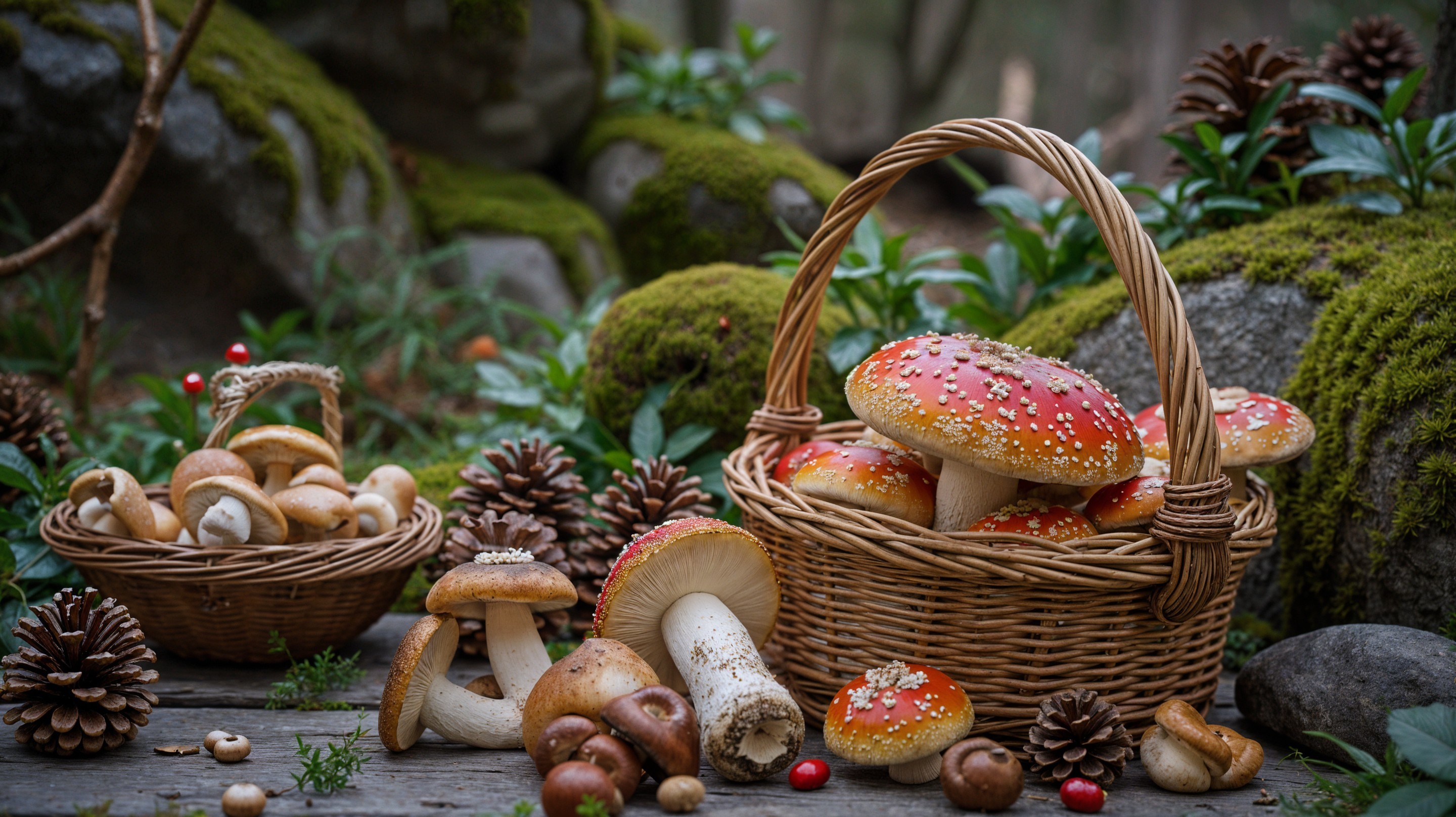 Vibrant Forest Scene with Red-Capped Mushrooms