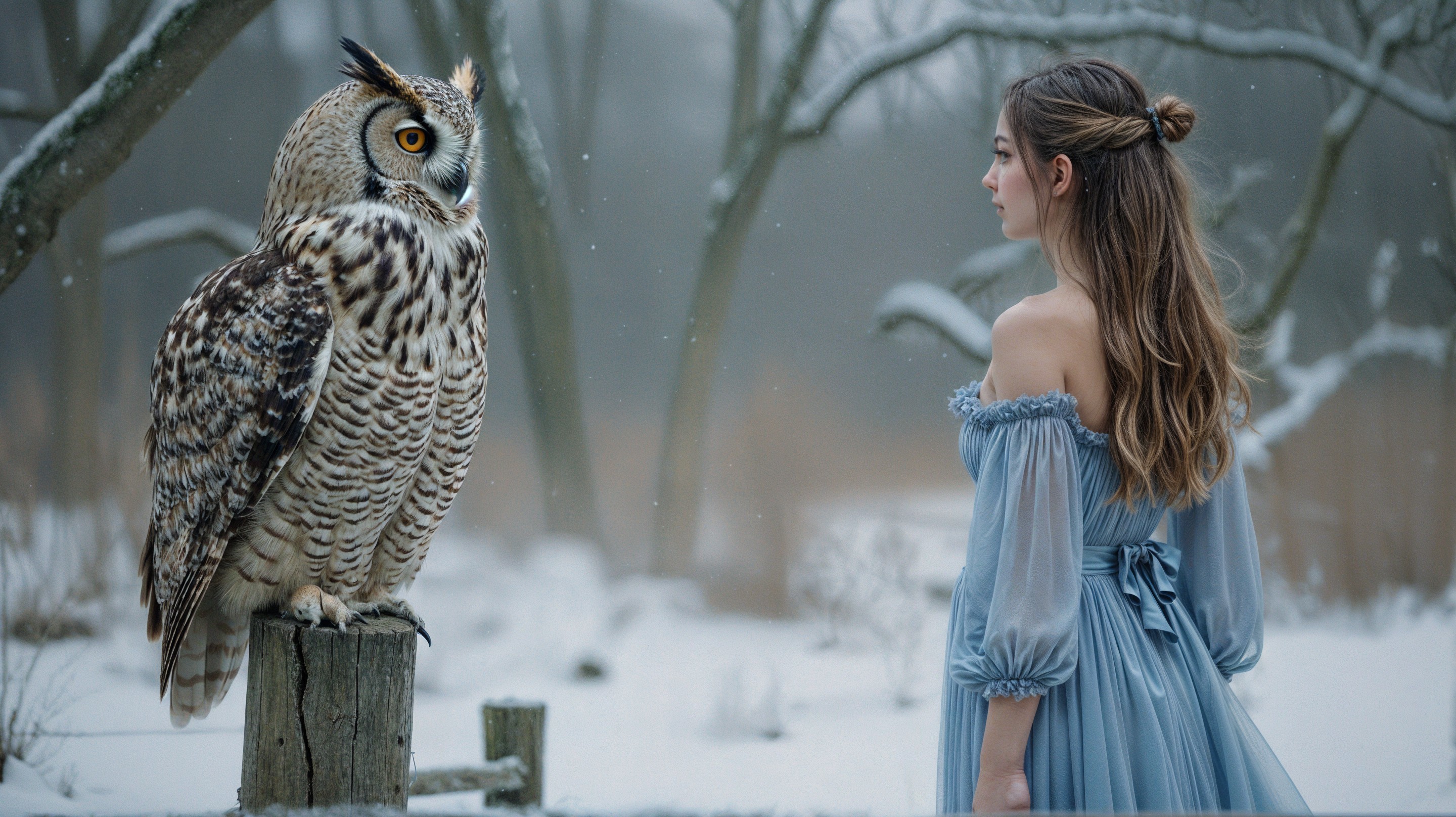 Winter Landscape with Woman and Owl in Snowfall