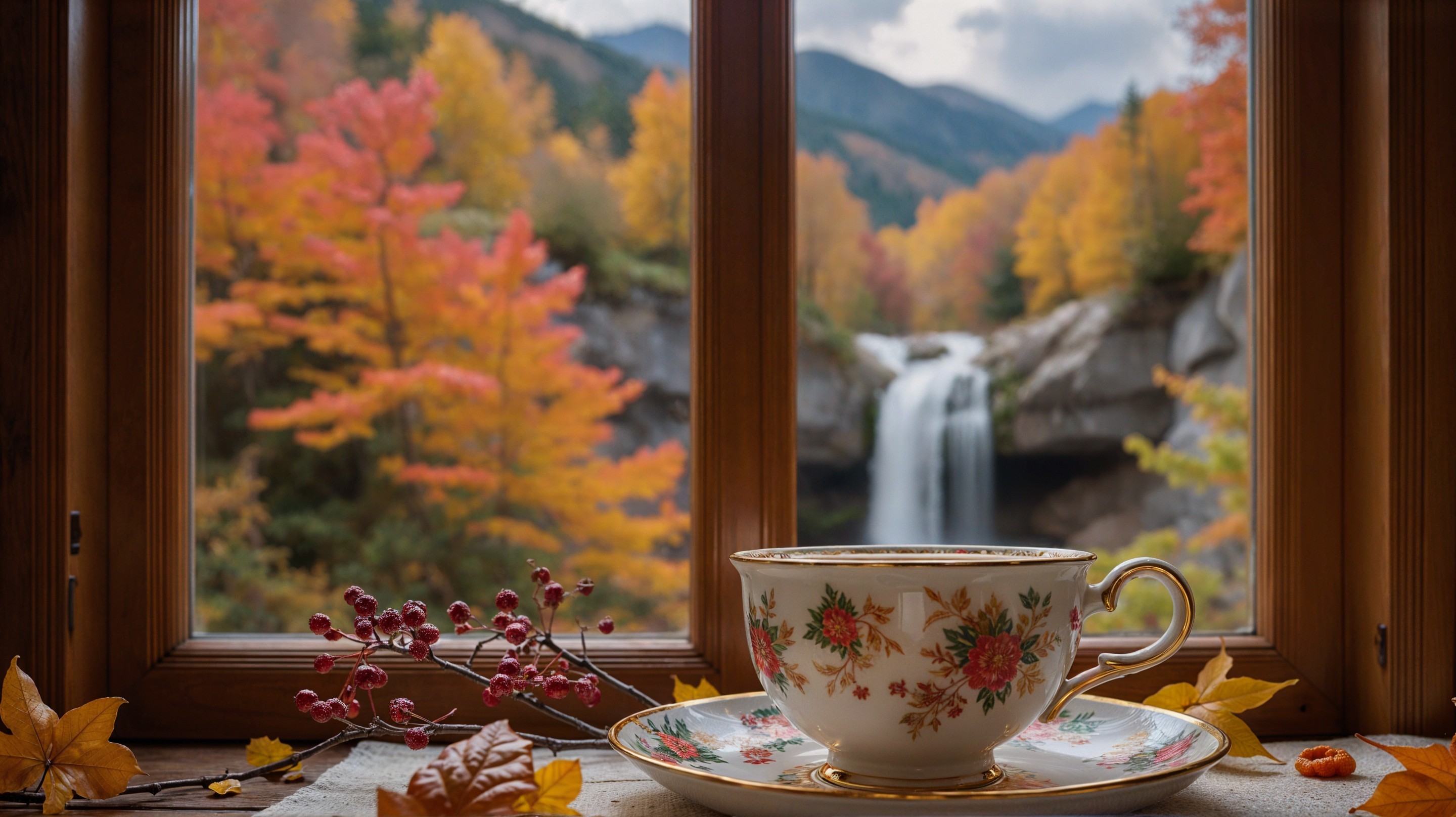 Porcelain Teacup on Table with Autumn Foliage and Waterfall