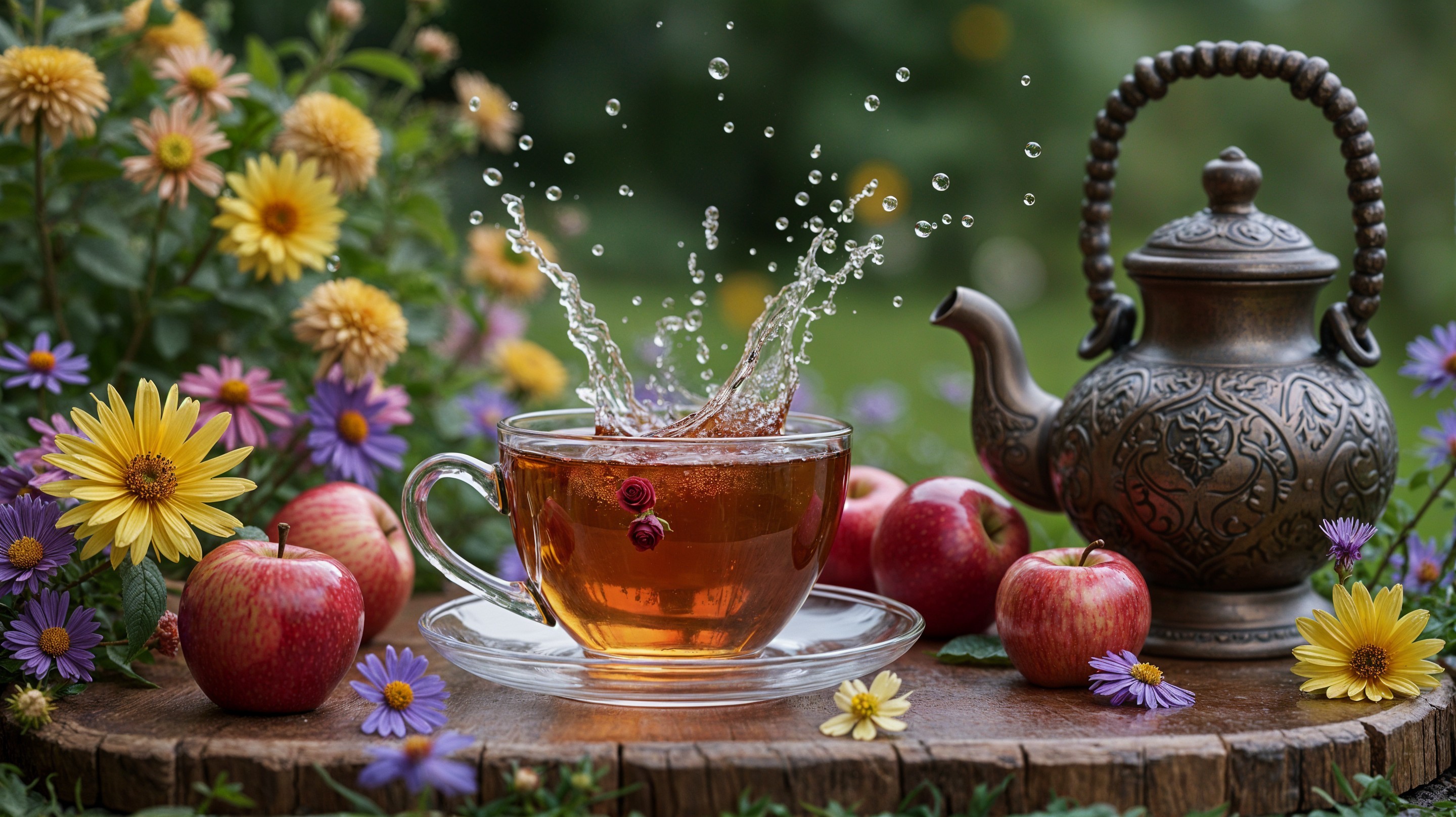 Amber Tea in Glass Cup Surrounded by Flowers and Apples