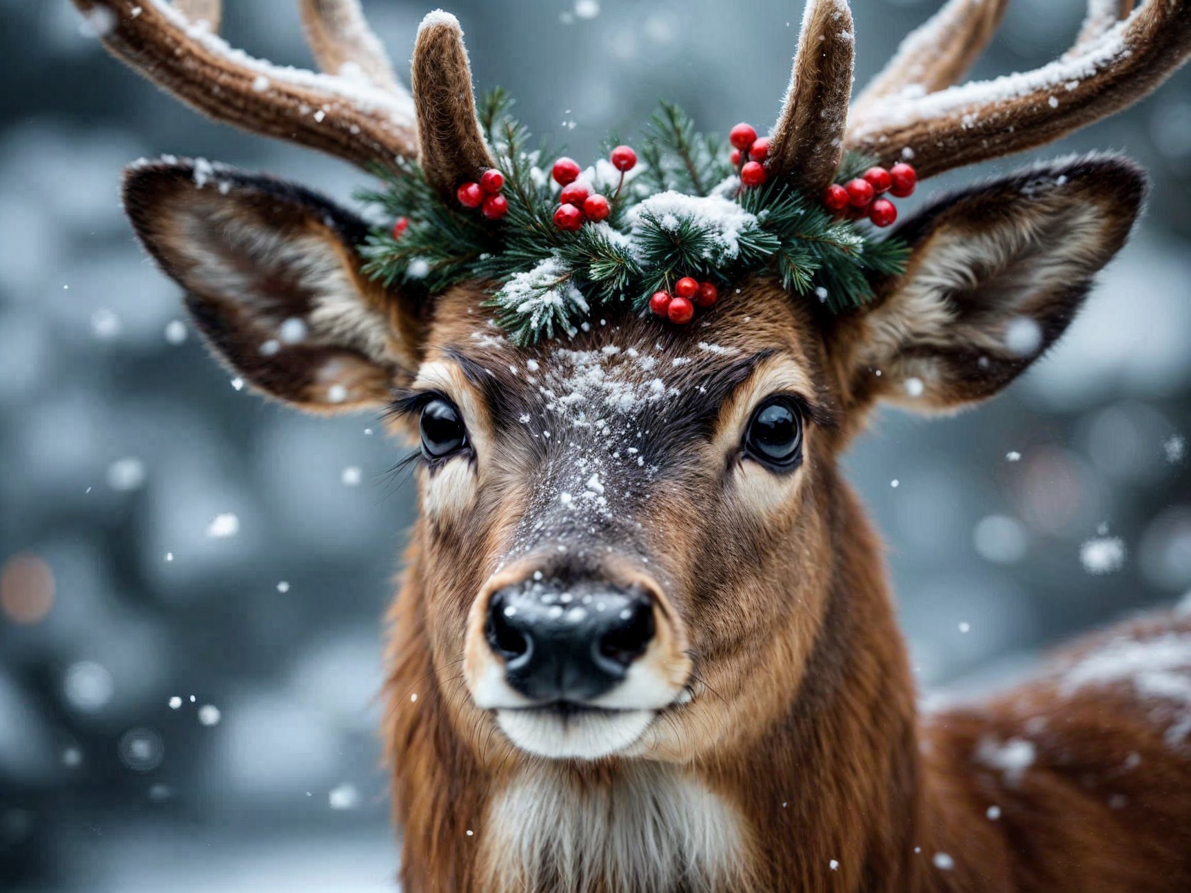 Close-up of a deer with a festive wreath in snow