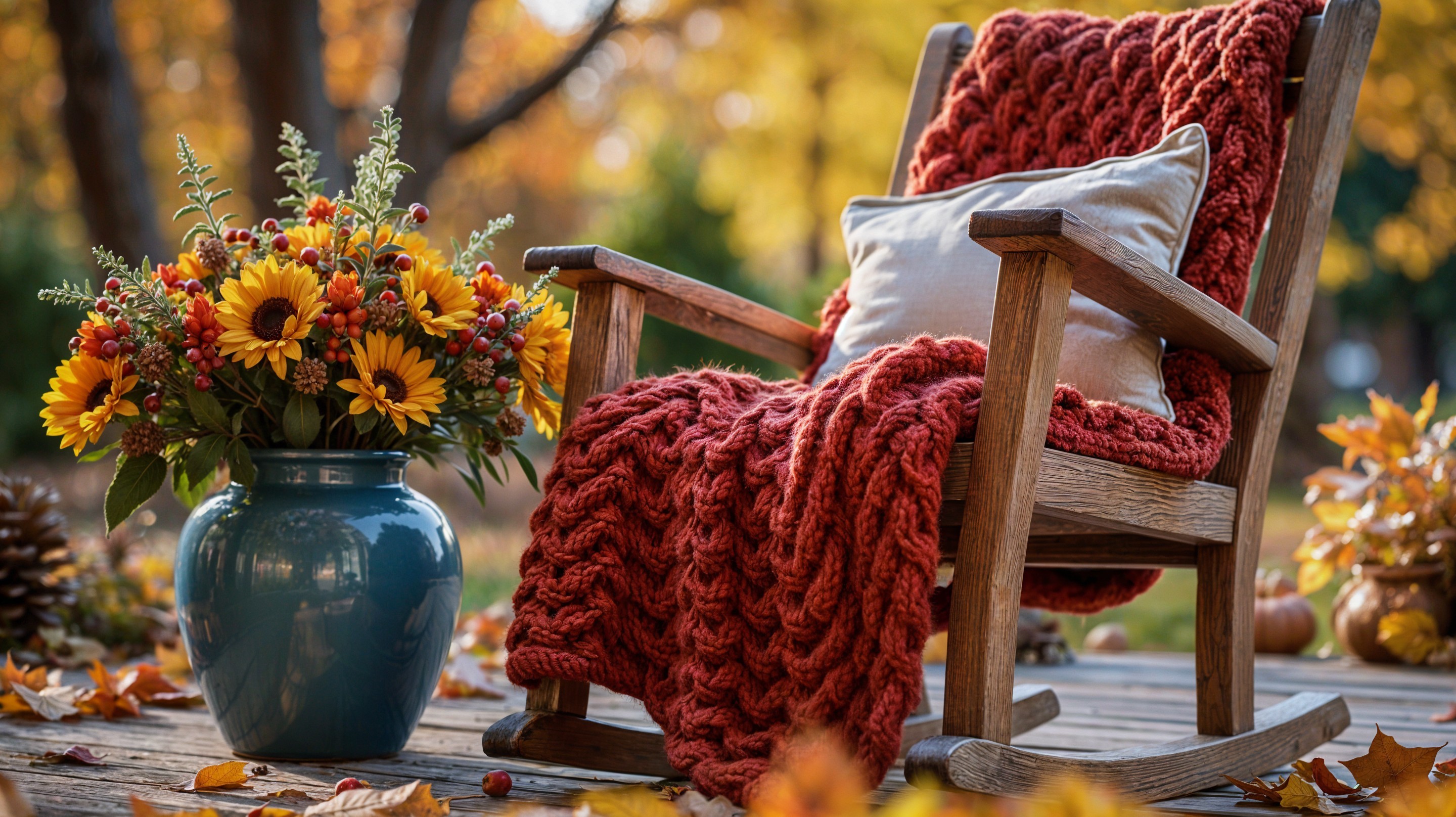 Cozy Wooden Rocking Chair with Autumn Decor Elements