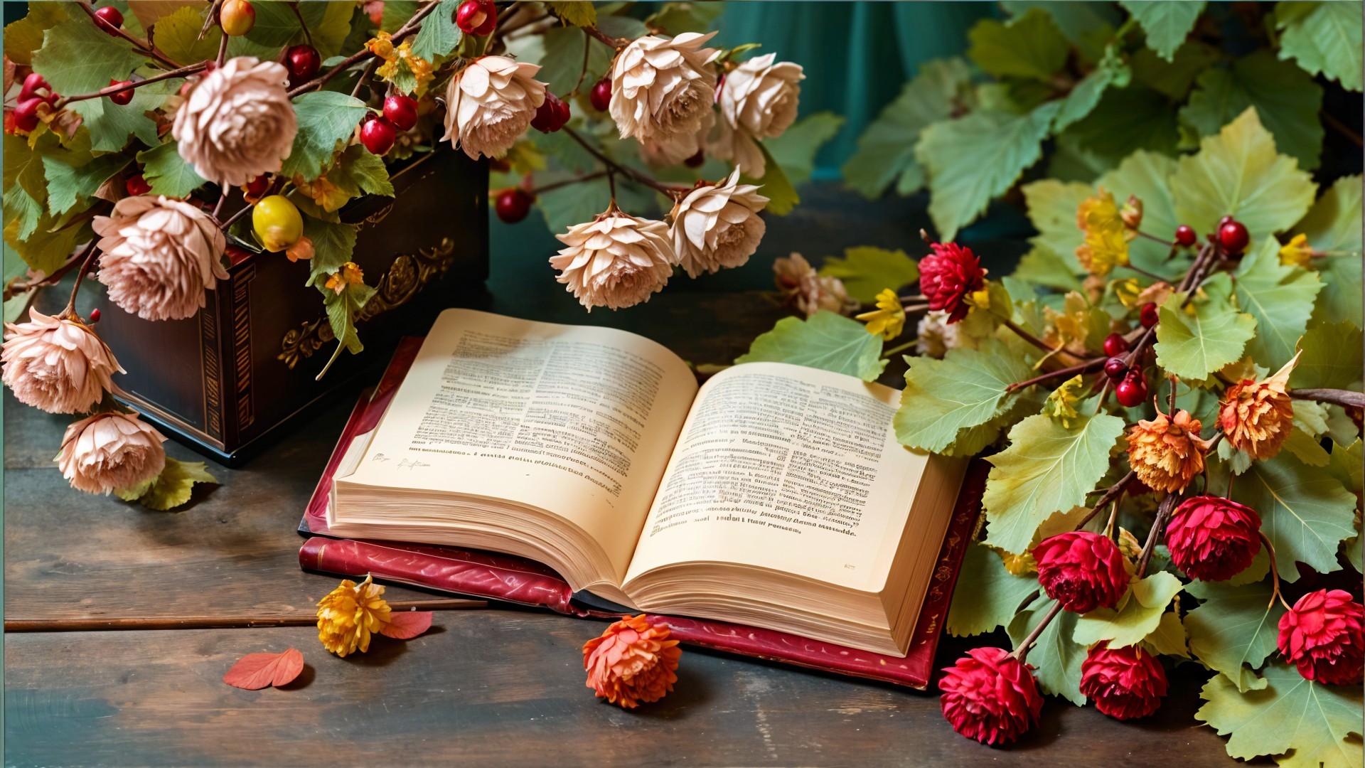 Open Book on Rustic Table Surrounded by Flowers