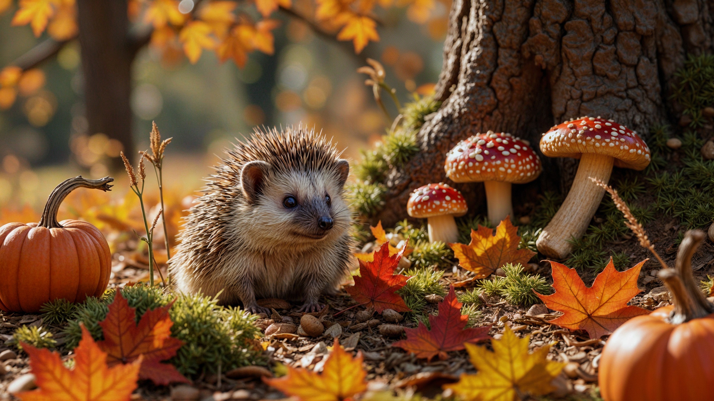 Hedgehog Among Colorful Autumn Leaves and Mushrooms
